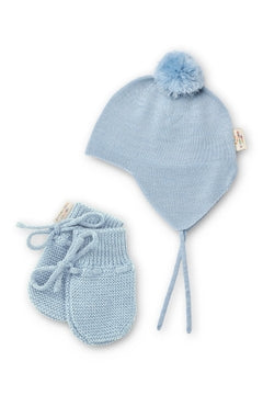 MERINO KNTD BABY BONNET+MITTENS BLUE