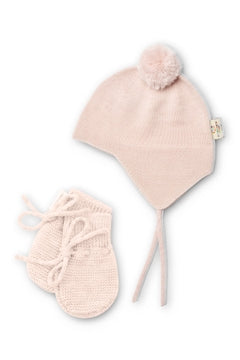 MERINO KNTD BABY BONNET+MITTENS PINK