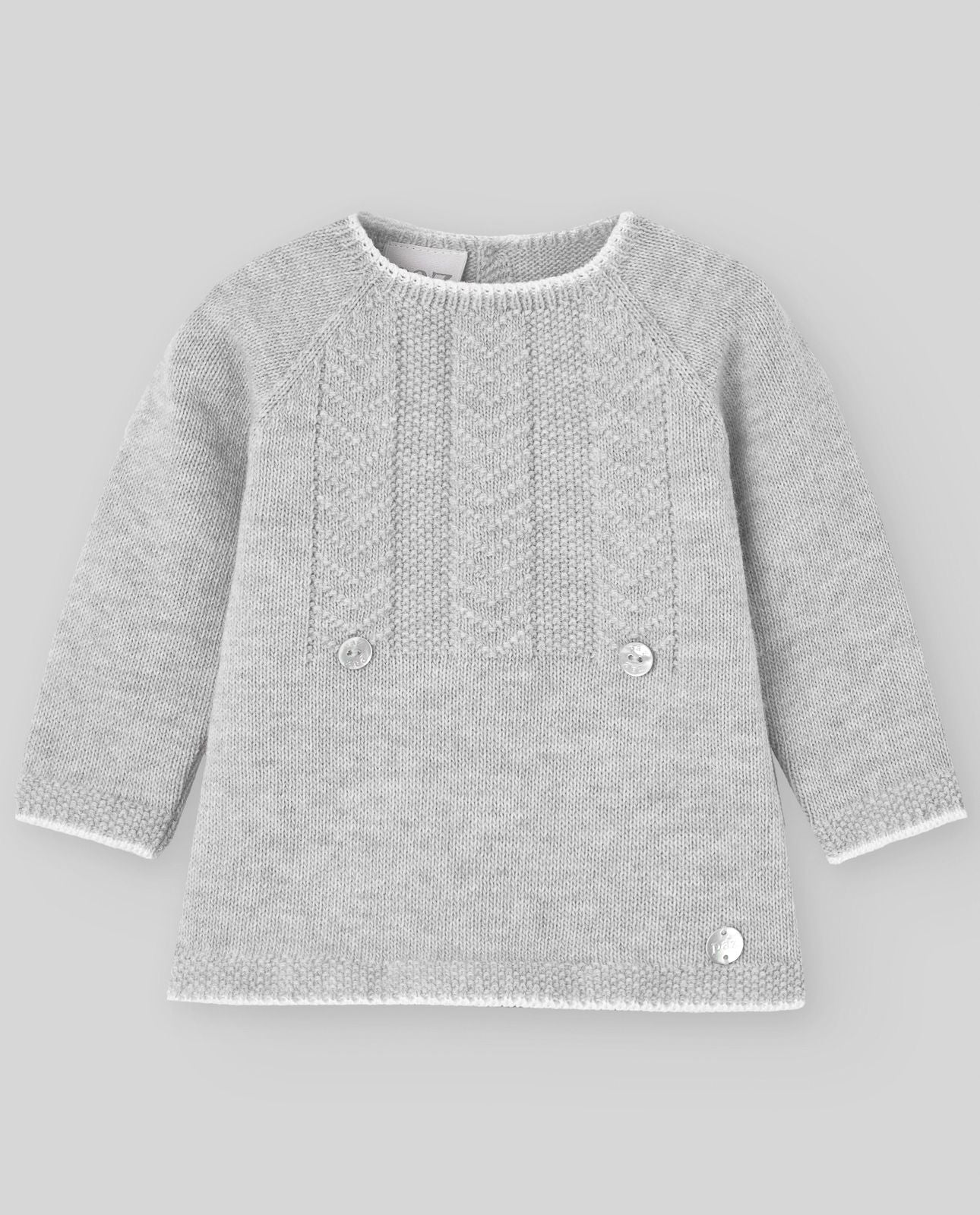 A baby girl is wearing a grey sweater with white trim.;A baby is wearing a grey sweater with white buttons on the back.;A pair of gray knitted pants with feet on a white background.;A pair of gray knitted pants with feet on a white background.