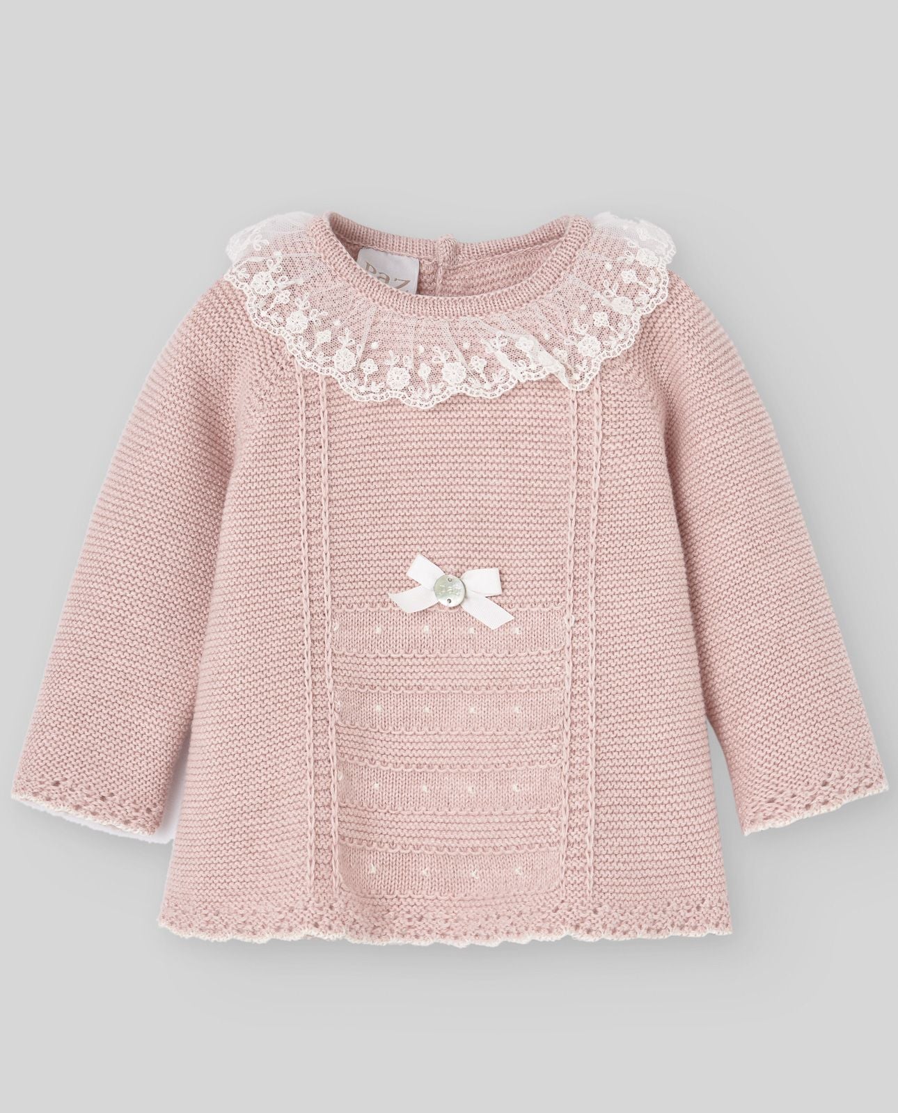 A baby girl is wearing a pink knitted onesie with a lace collar.;A baby girl is wearing a pink sweater with a lace collar.;A pair of pink baby pants with feet on a white background.;A pair of pink baby pants with feet on a white background.