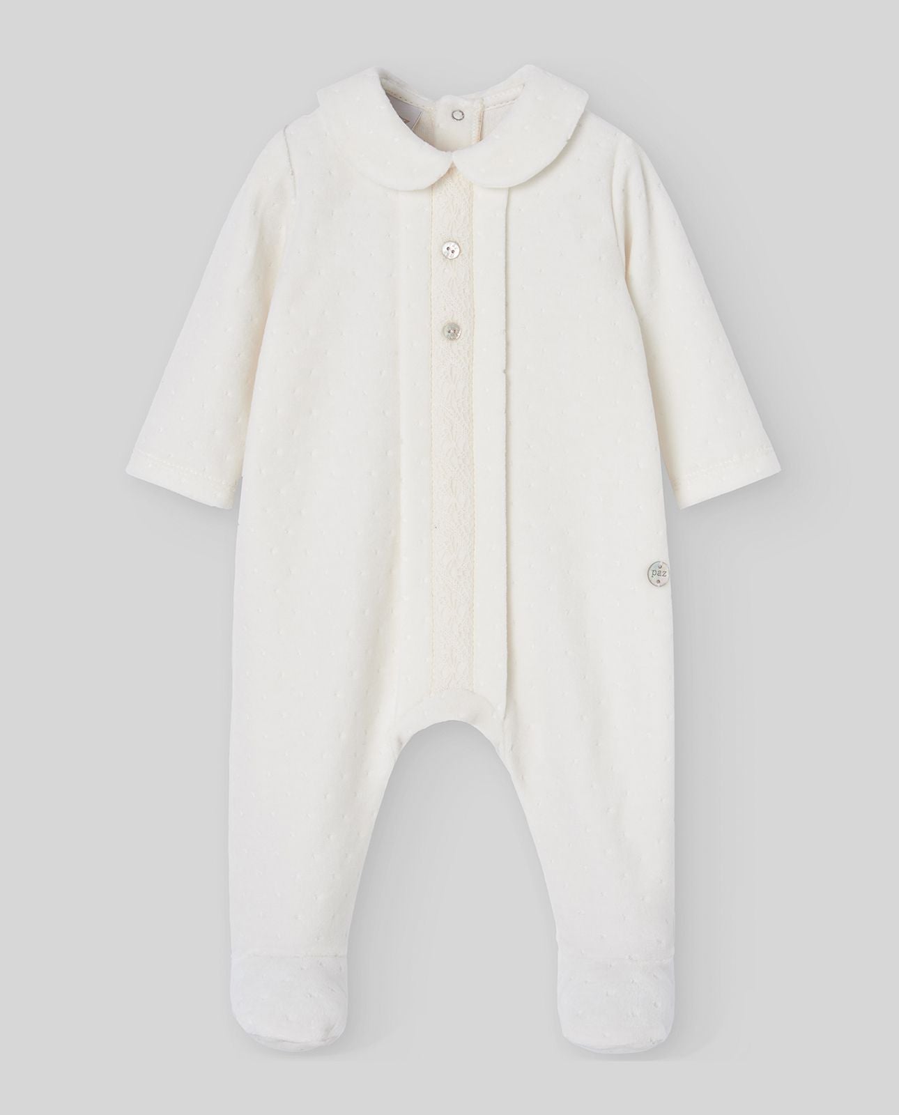 A baby is wearing a white onesie with a collar and buttons.;The back of a white baby onesie with a collar and buttons.