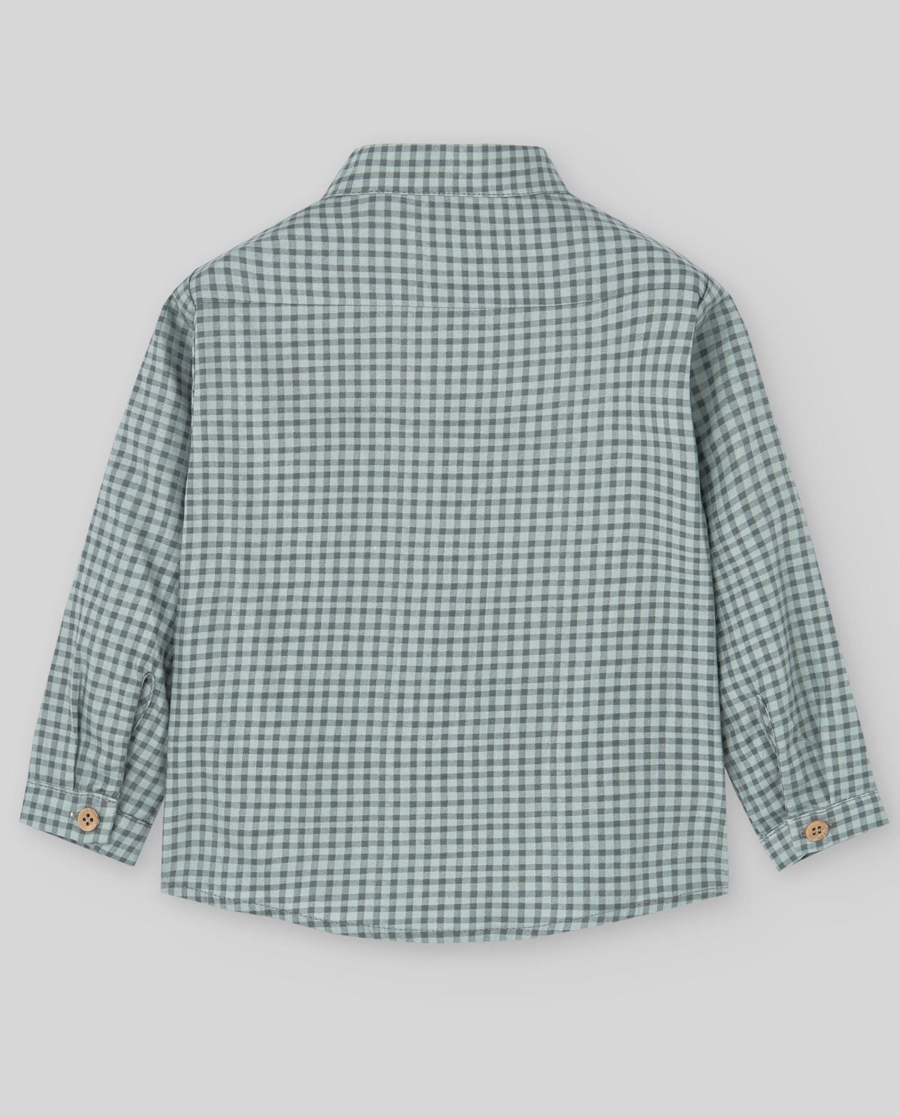A green plaid shirt with buttons on the front;The back of a green plaid shirt with long sleeves