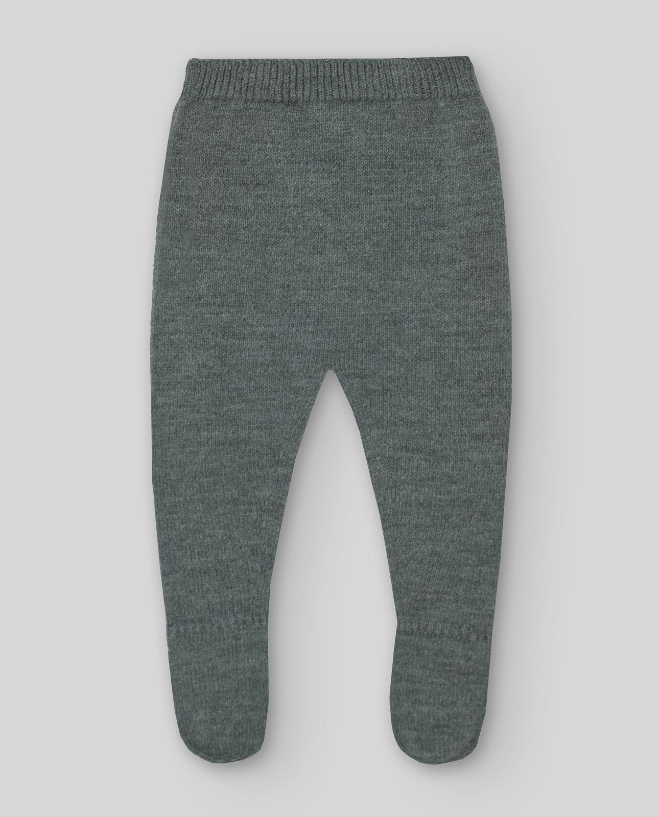 A baby is wearing a sweater and pants with a snowflake on it.;A grey sweater with a white snowflake on it.;A baby is wearing a grey sweater with white trim.;A pair of grey baby pants with feet on a white background.