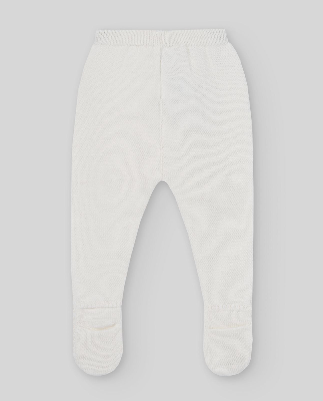 A baby is wearing a white sweater with a white collar.;A baby is wearing a white sweater with a white collar.;A pair of white knitted baby pants with feet on a white background.;A pair of white baby pants with feet on a white background.