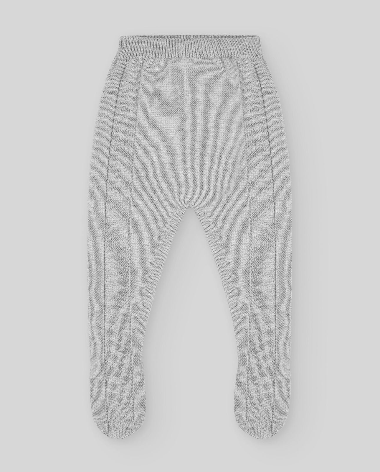 A baby girl is wearing a grey sweater with white trim.;A baby is wearing a grey sweater with white buttons on the back.;A pair of gray knitted pants with feet on a white background.;A pair of gray knitted pants with feet on a white background.