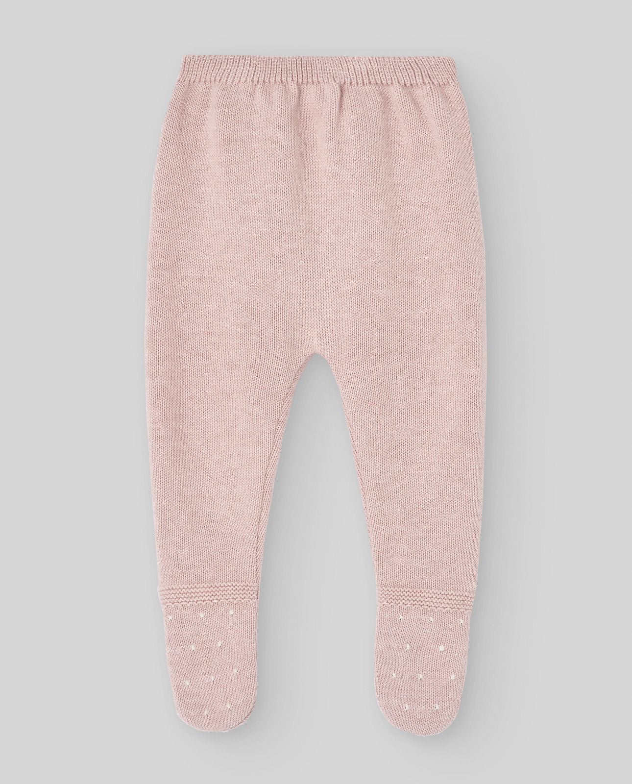 A baby girl is wearing a pink knitted onesie with a lace collar.;A baby girl is wearing a pink sweater with a lace collar.;A pair of pink baby pants with feet on a white background.;A pair of pink baby pants with feet on a white background.
