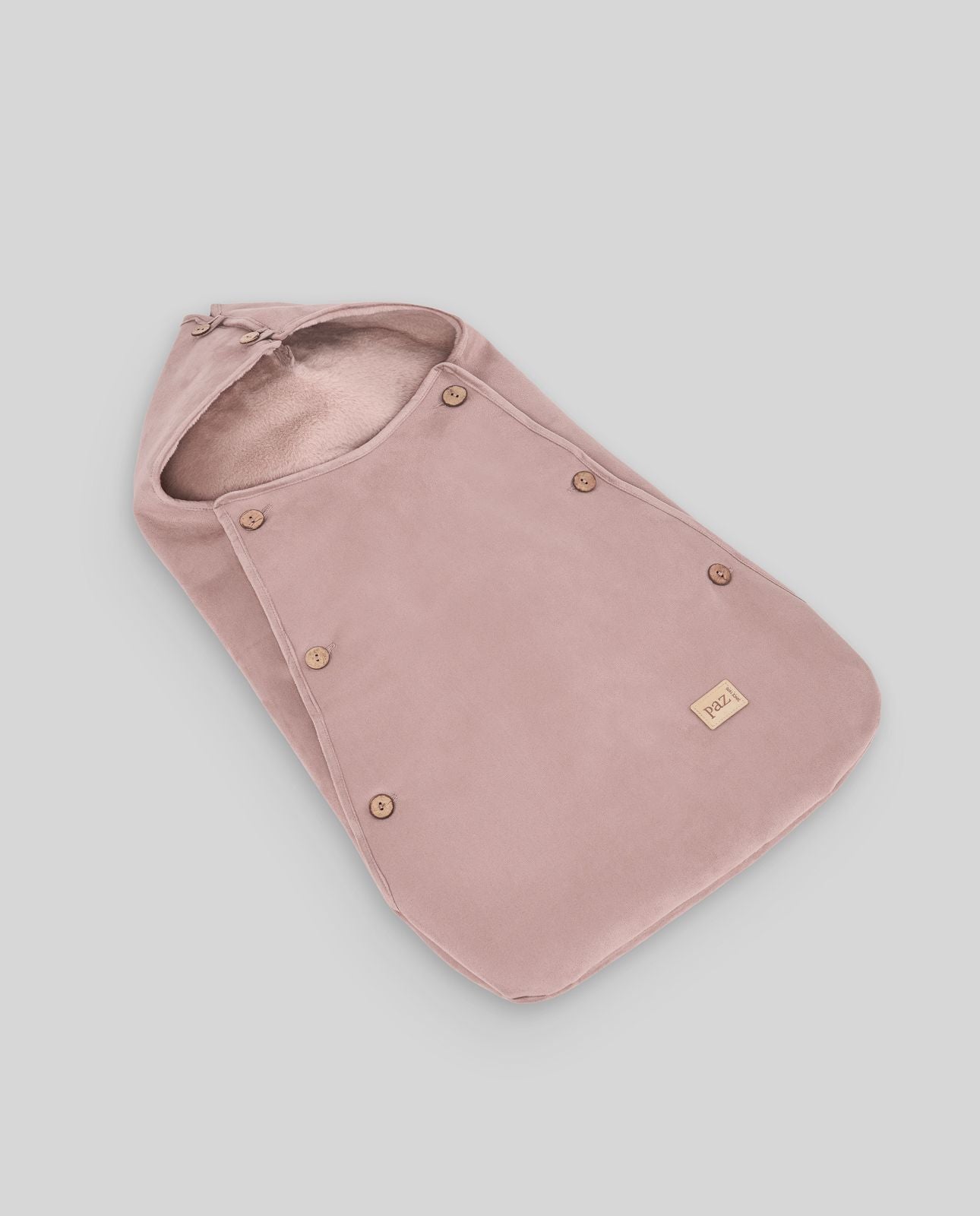 A blue baby sleeping bag with buttons on the side;A pink baby sleeping bag with a hood on a white background.