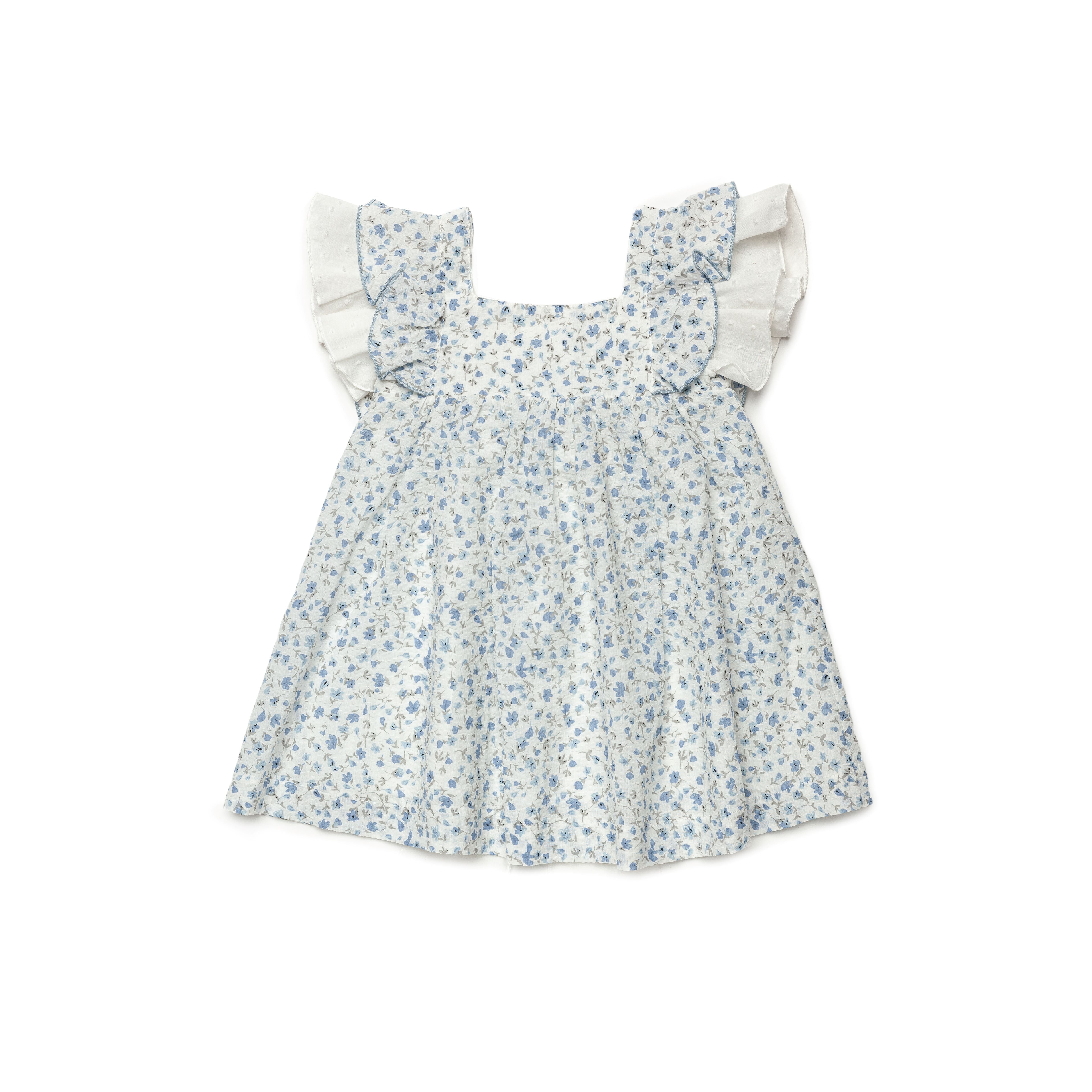 Girl's Blue Flower Dress with Frill Shoulder Sleeves