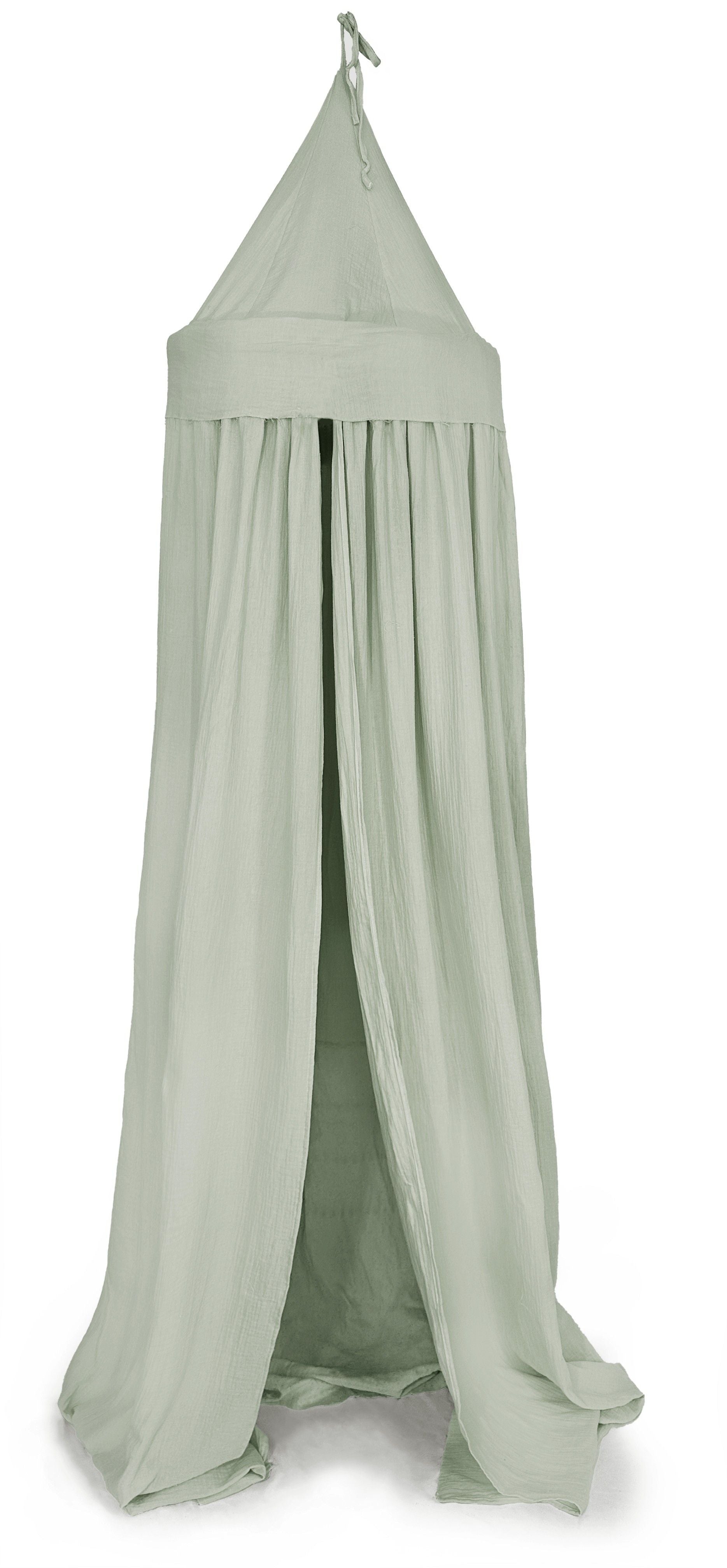 A green canopy with fringe is hanging from the ceiling on a white background.;A white canopy is hanging from the ceiling in a room.;A close up of a piece of white fabric.