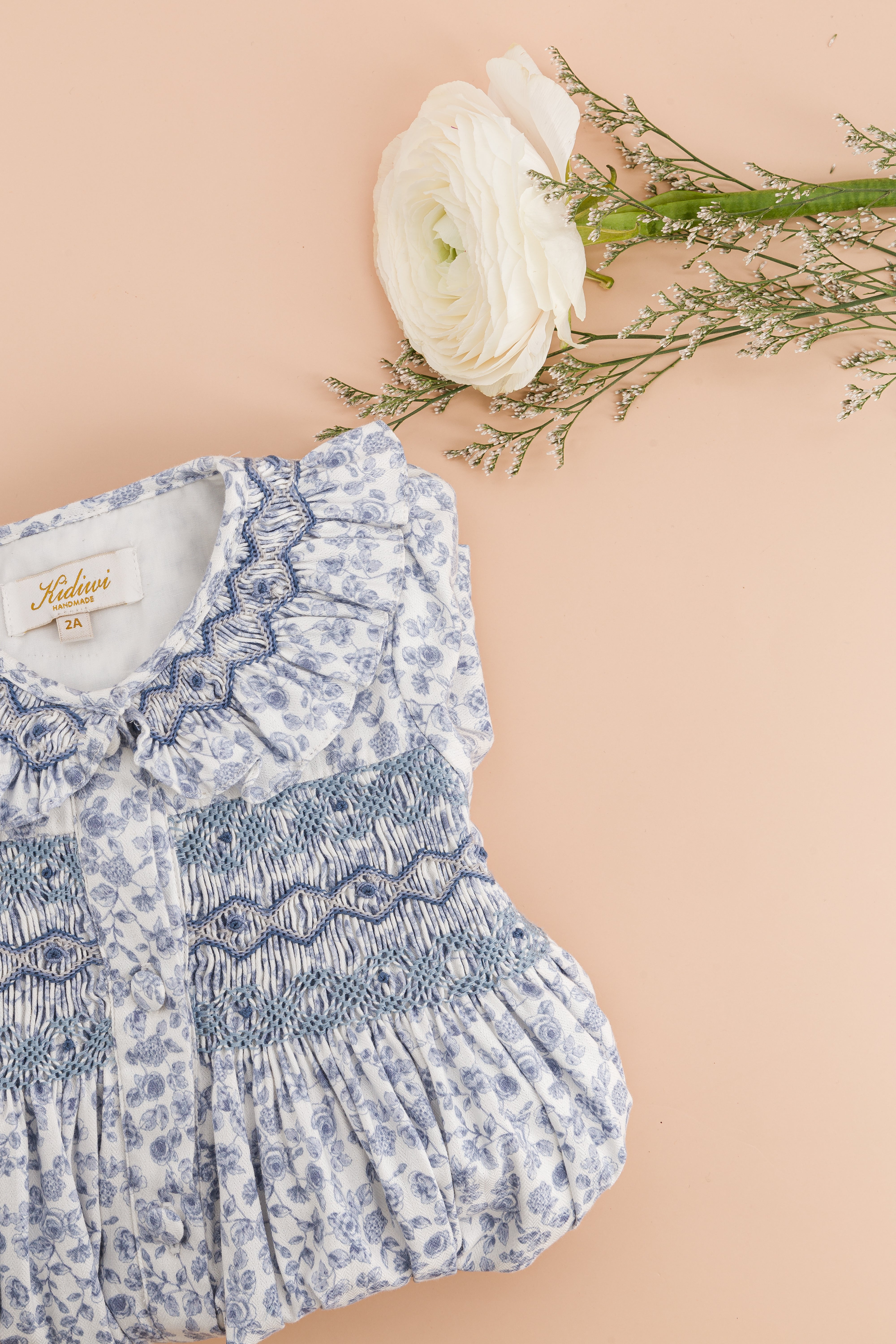 Adeline - smocked dress in Blue garden print