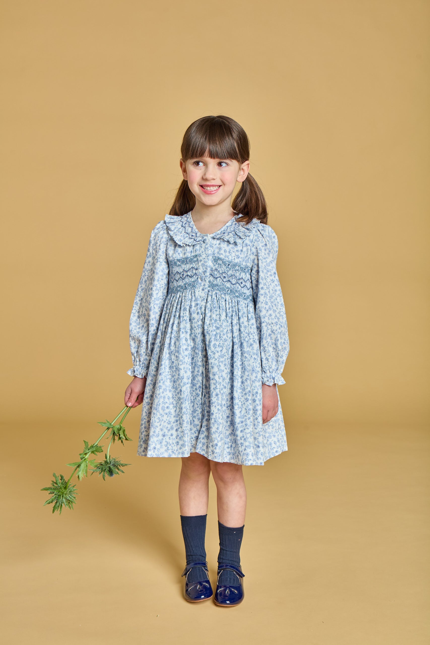 Adeline - smocked dress in Blue garden print