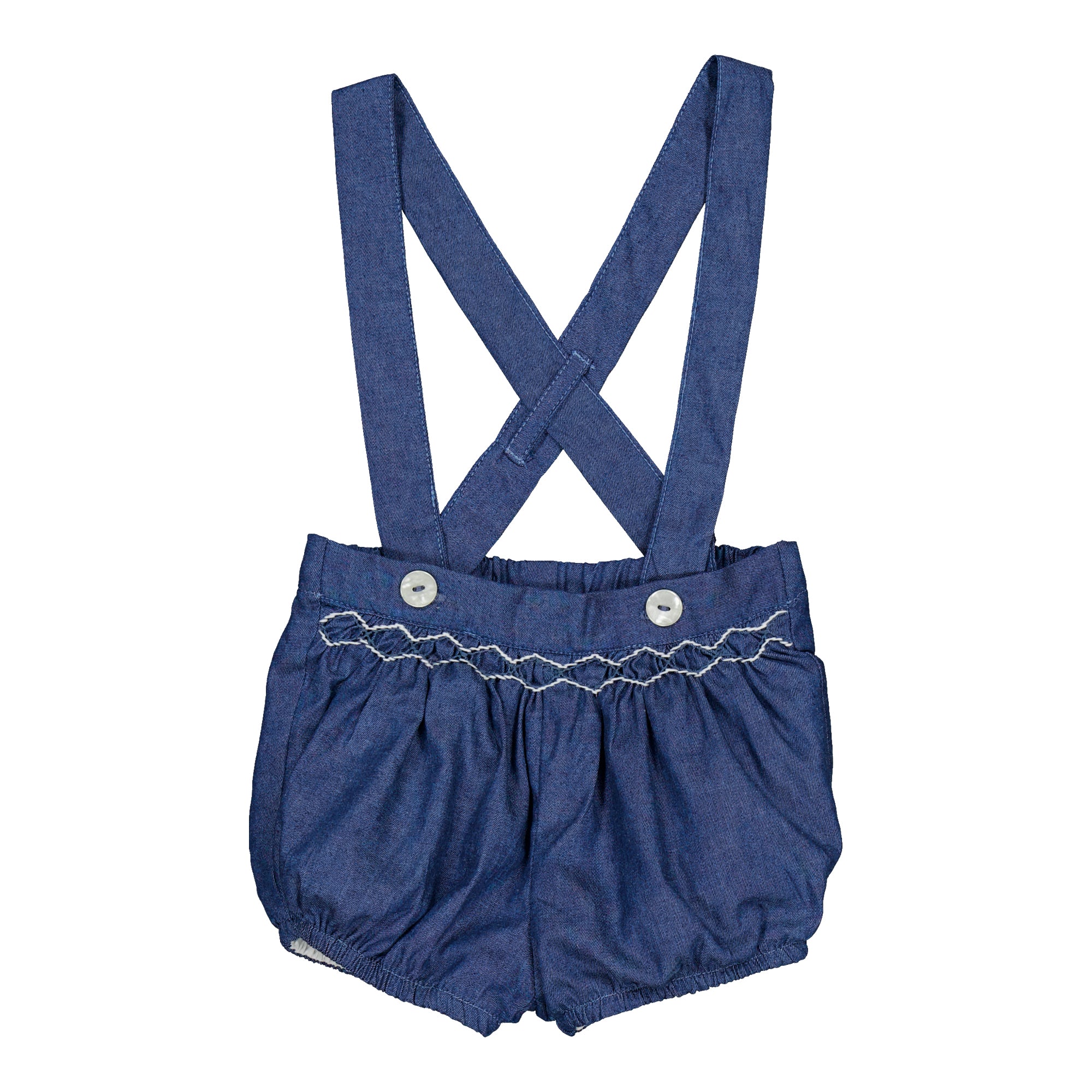 Jack, smocked baby bloomer, in Blue denim light herringbone
