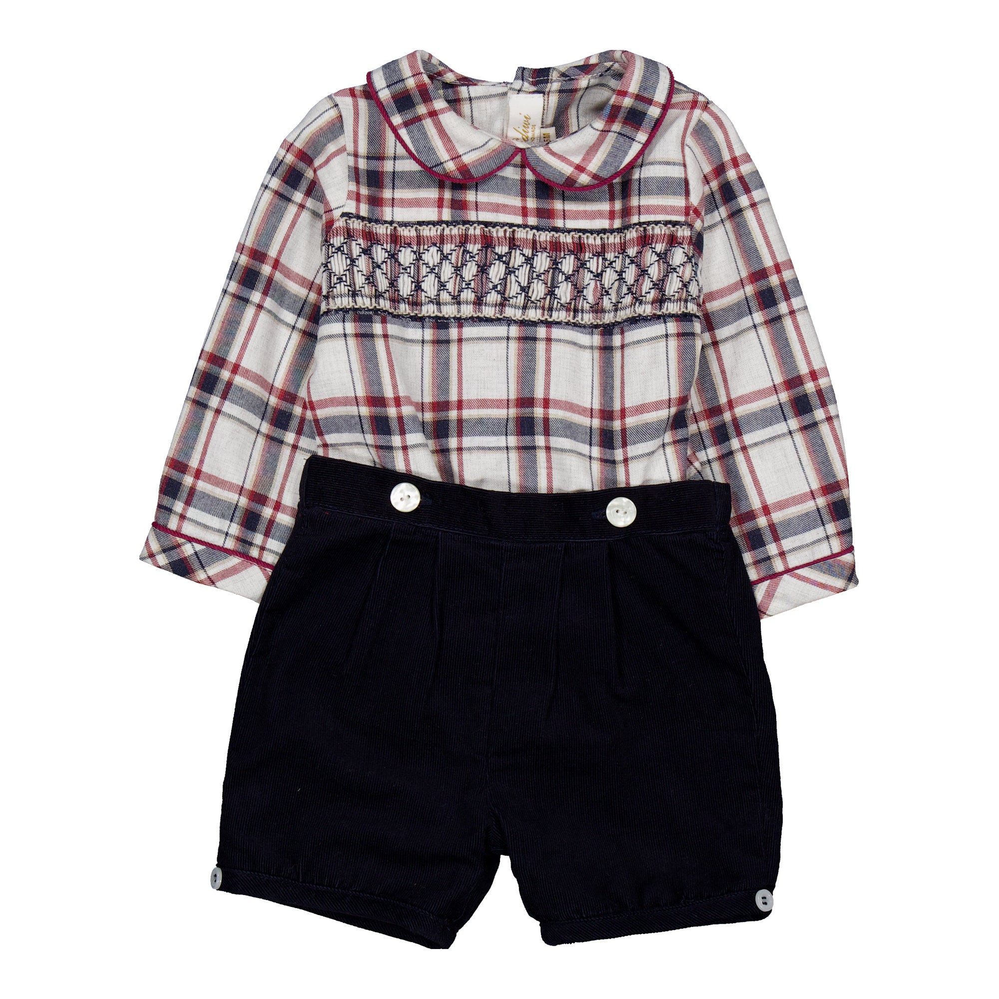 Barnabé, baby boy set, with Navy and burgundy tartan shirt and Navy corduroy shorts