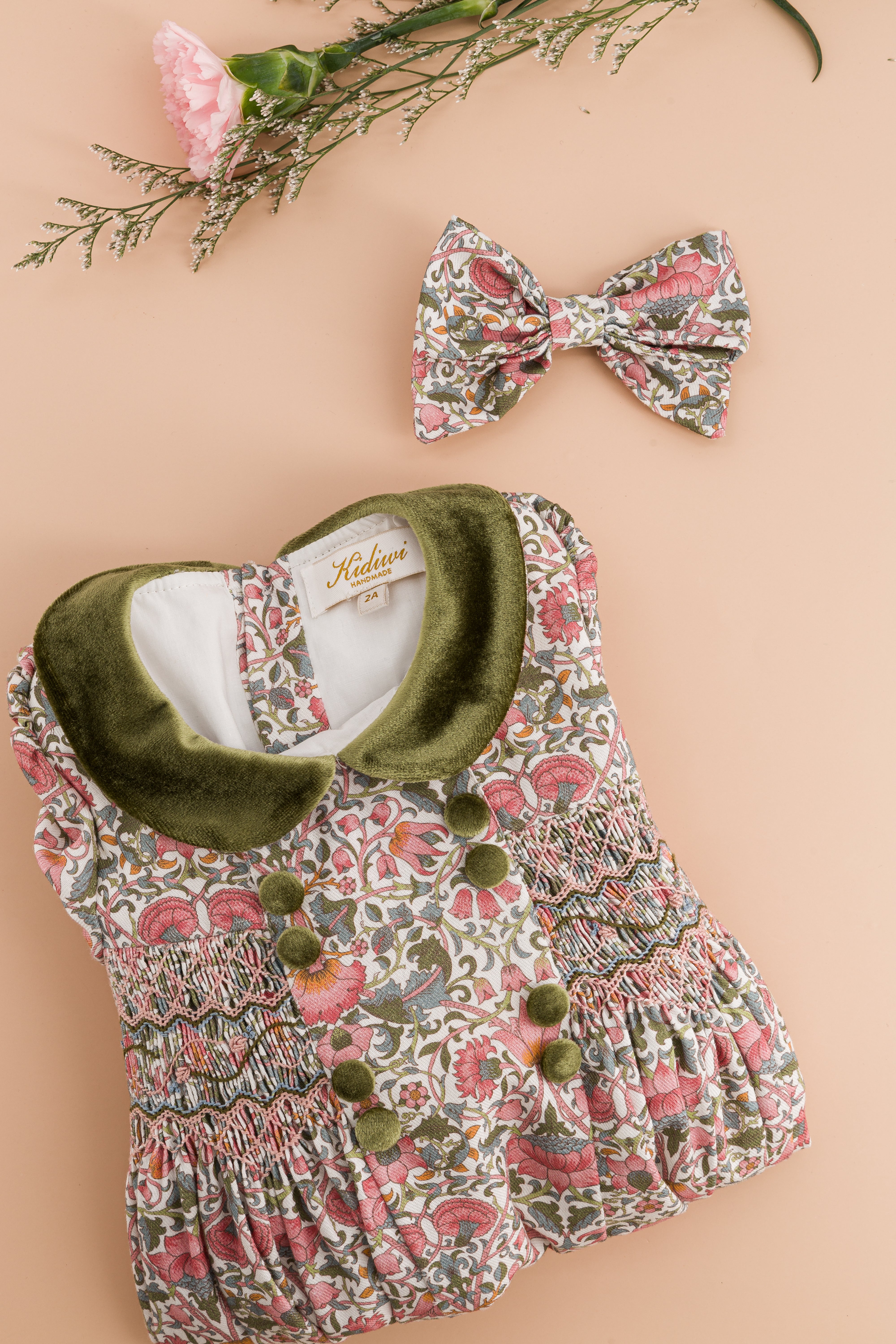 Rison, smocked dress, in Pink baroque flower print with Olive velvet collar