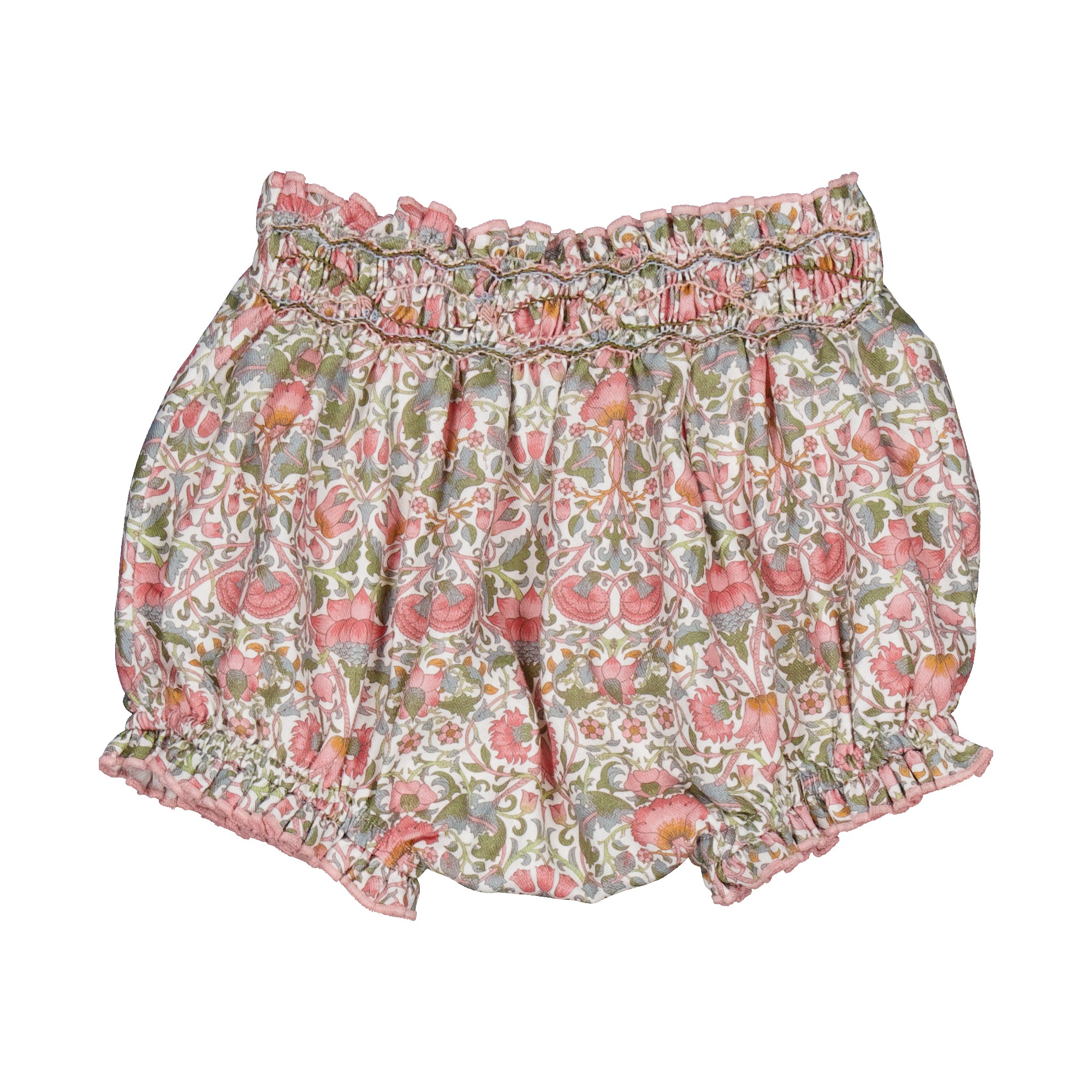 Myrtille, smocked girl bloomer, in Pink baroque flower print