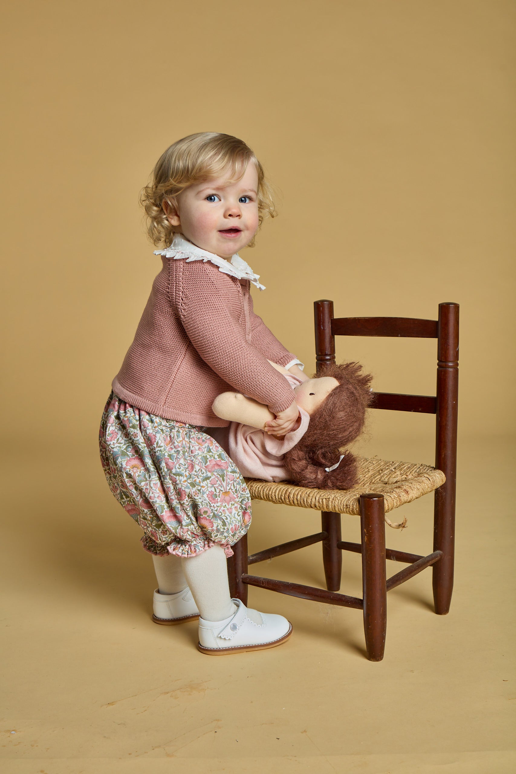 Myrtille, smocked girl bloomer, in Pink baroque flower print