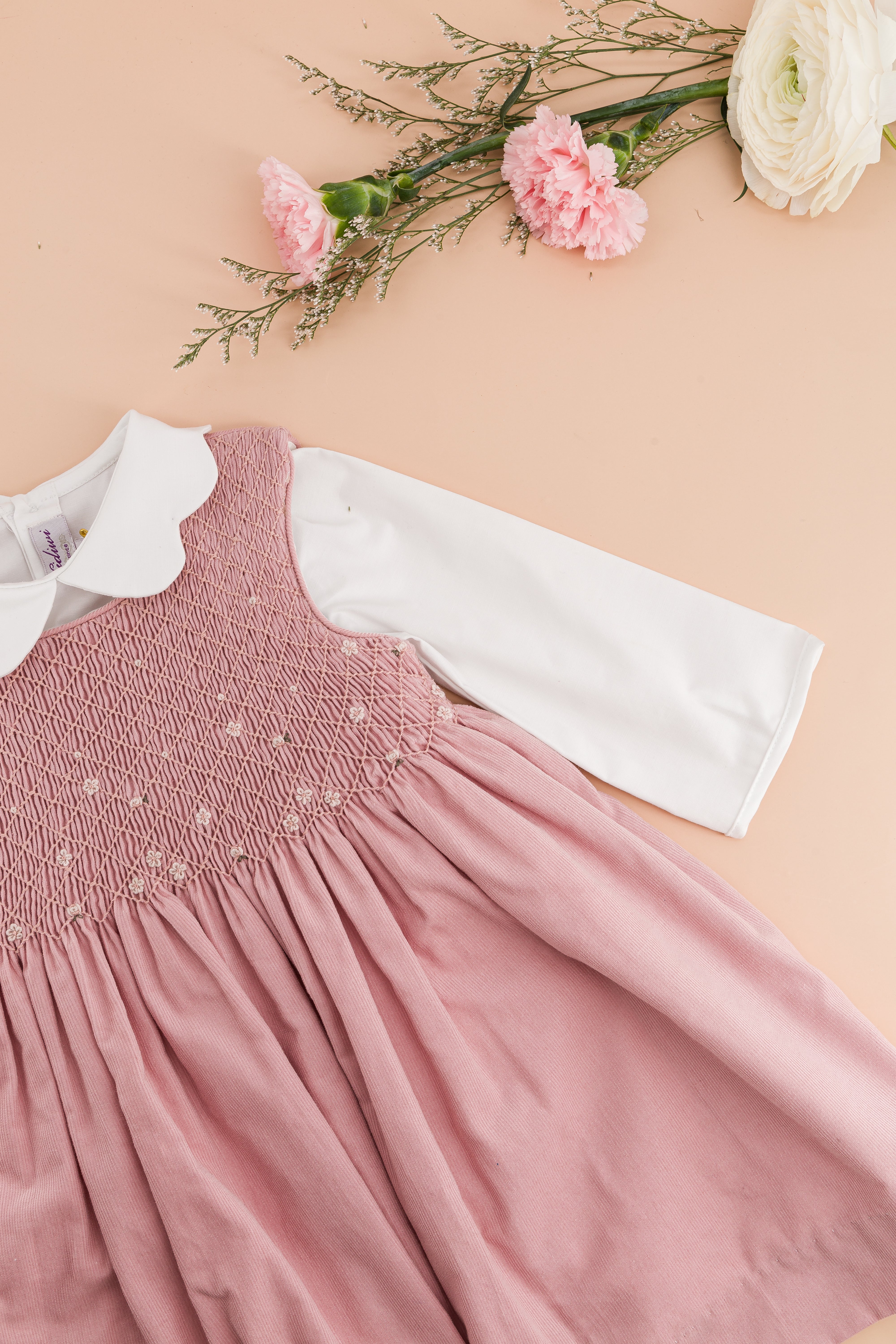 Emma, smocked pinafore dress, in Pink Corduroy