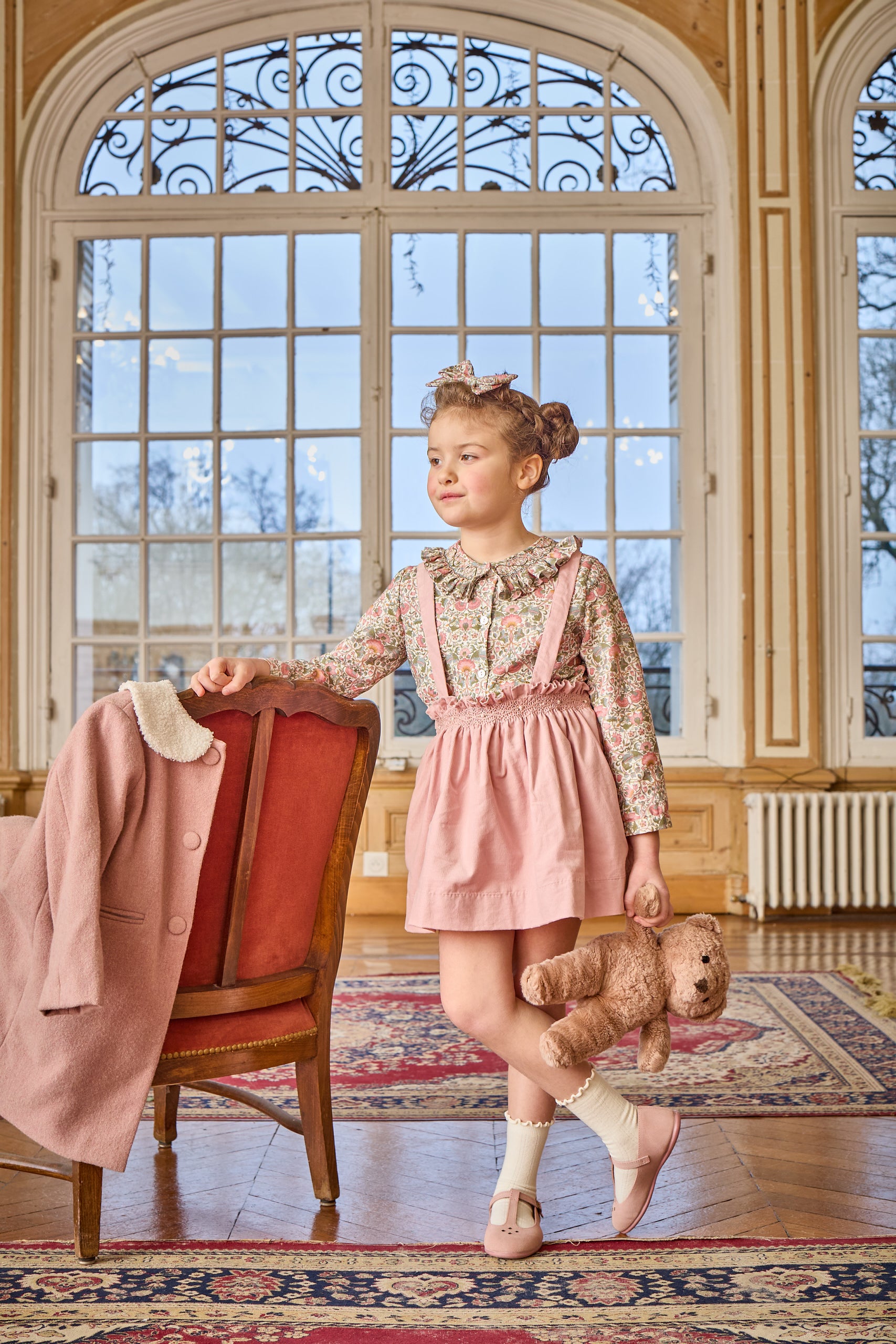 Nour, girl blouse, in Pink baroque flower print