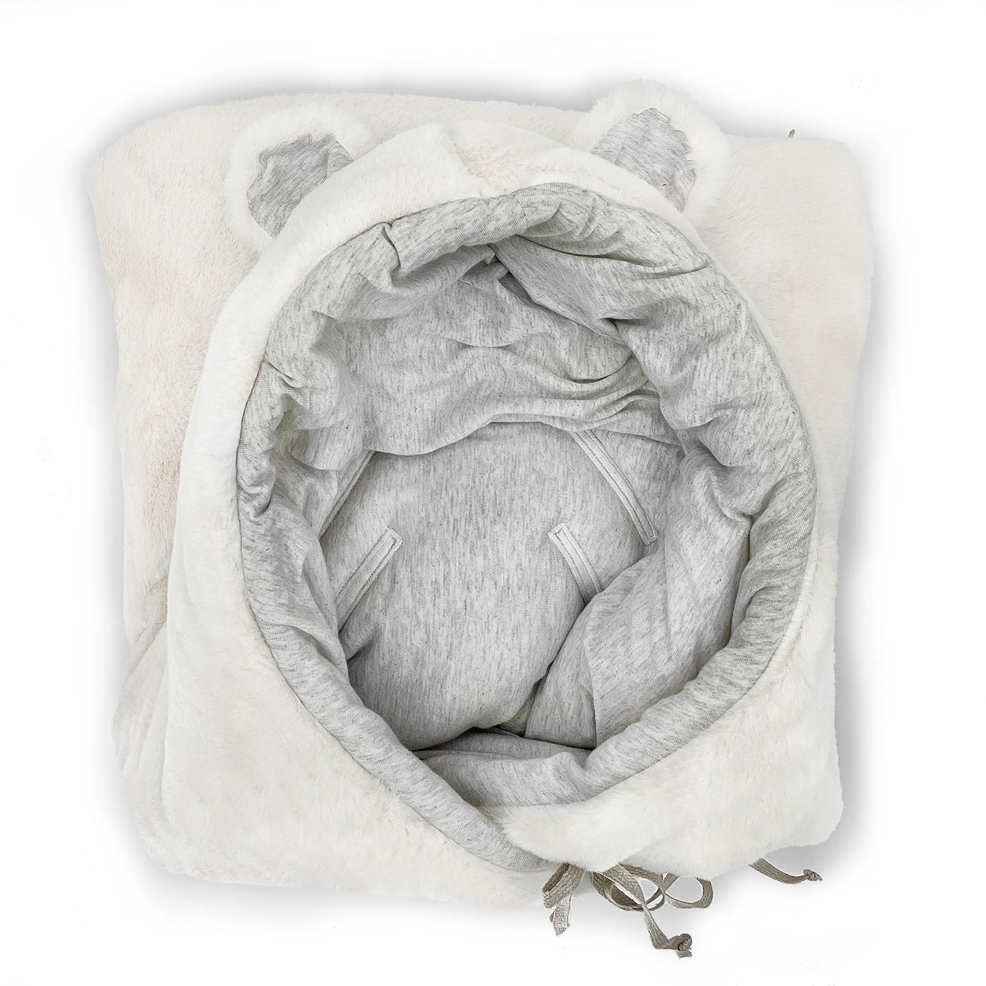 A blanket with a hood that looks like a teddy bear;A blanket with a hood and ears on it;A white and grey blanket with a hood and ears;A close up of a furry hat with ears on a white background.