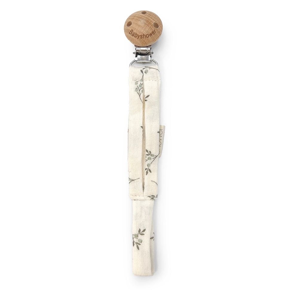 A pacifier clip with a wooden clip on a white background.