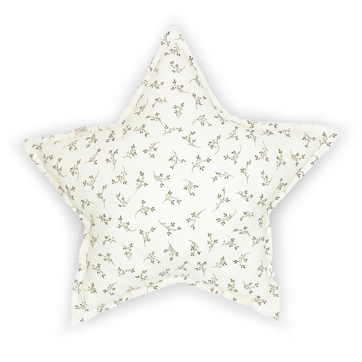 A white star shaped pillow with flowers on it