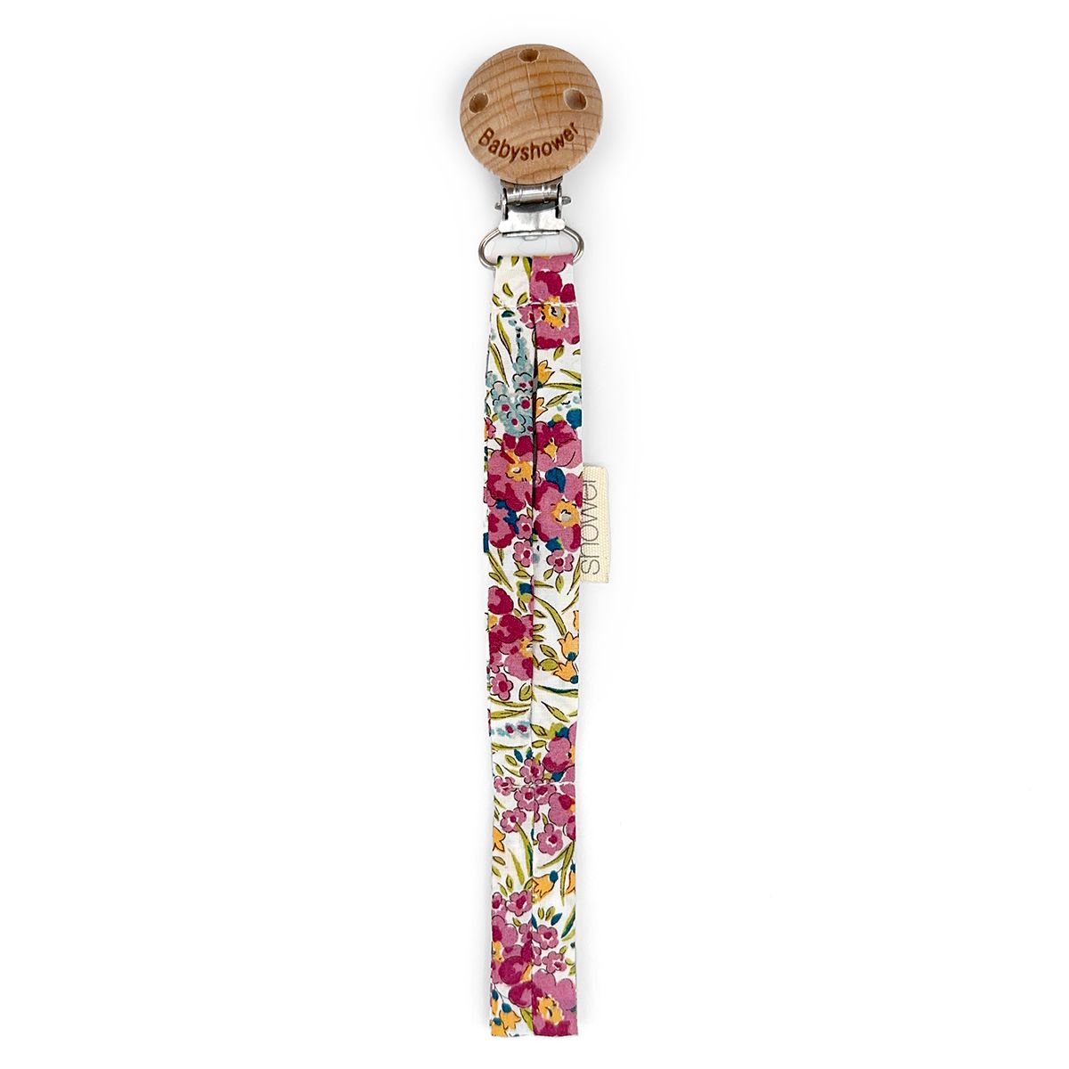 A pacifier clip with a pink floral pattern on it.
