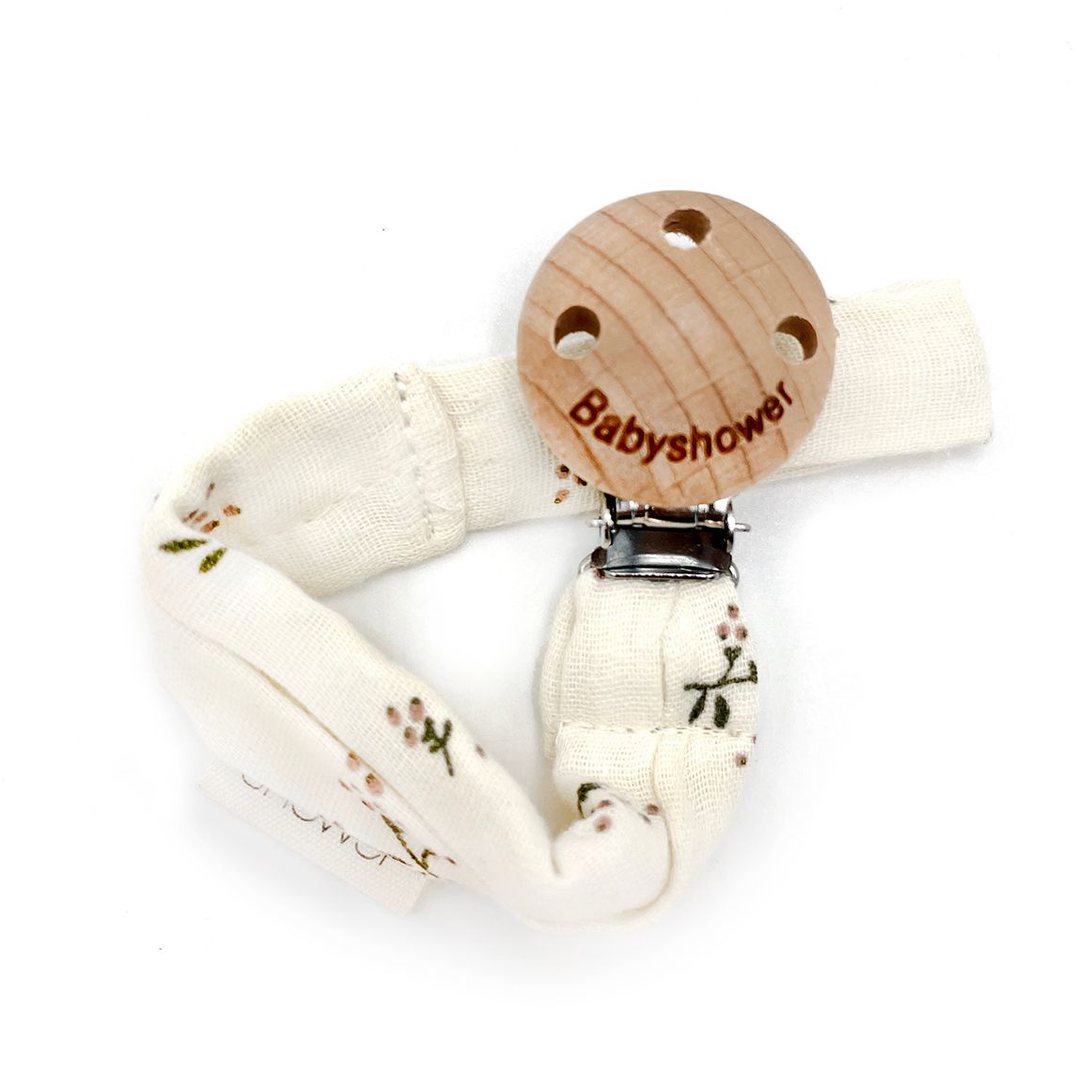 A baby activeer pacifier holder with a wooden clip on a white background.