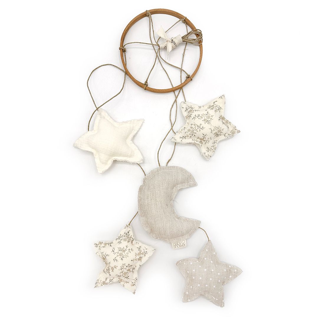 A dream catcher with moons and stars hanging from it