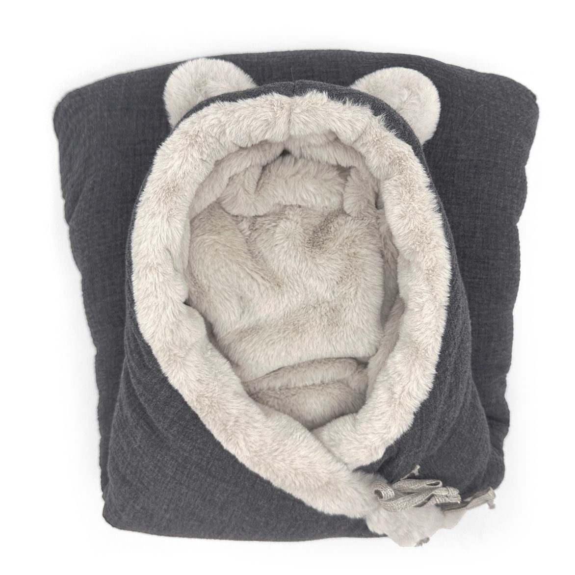 A beige baby blanket with ears on the hood;A pink blanket with a teddy bear on it;A blanket with a hood and ears on it