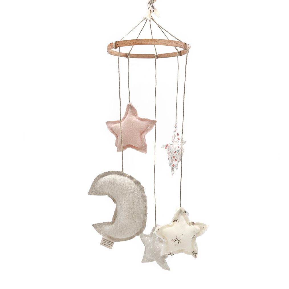 A dream catcher with a crescent moon and stars hanging from it.;A dream catcher with moons and stars hanging from it;A dream catcher with moons and stars hanging from it;A dream catcher with moons and stars hanging from it;A dream catcher with a crescent moon and stars hanging from it;A baby mobile with a crescent moon and stars hanging from it.