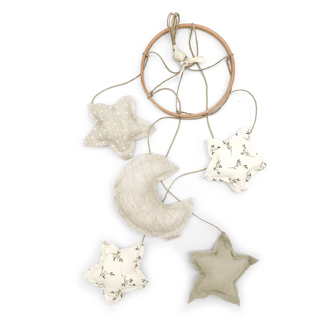 A dream catcher with moons and stars hanging from it