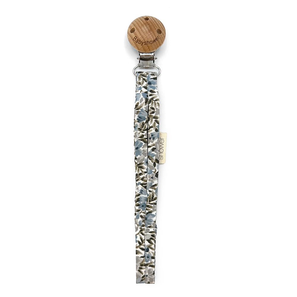A pacifier clip with a wooden clip on a white background.