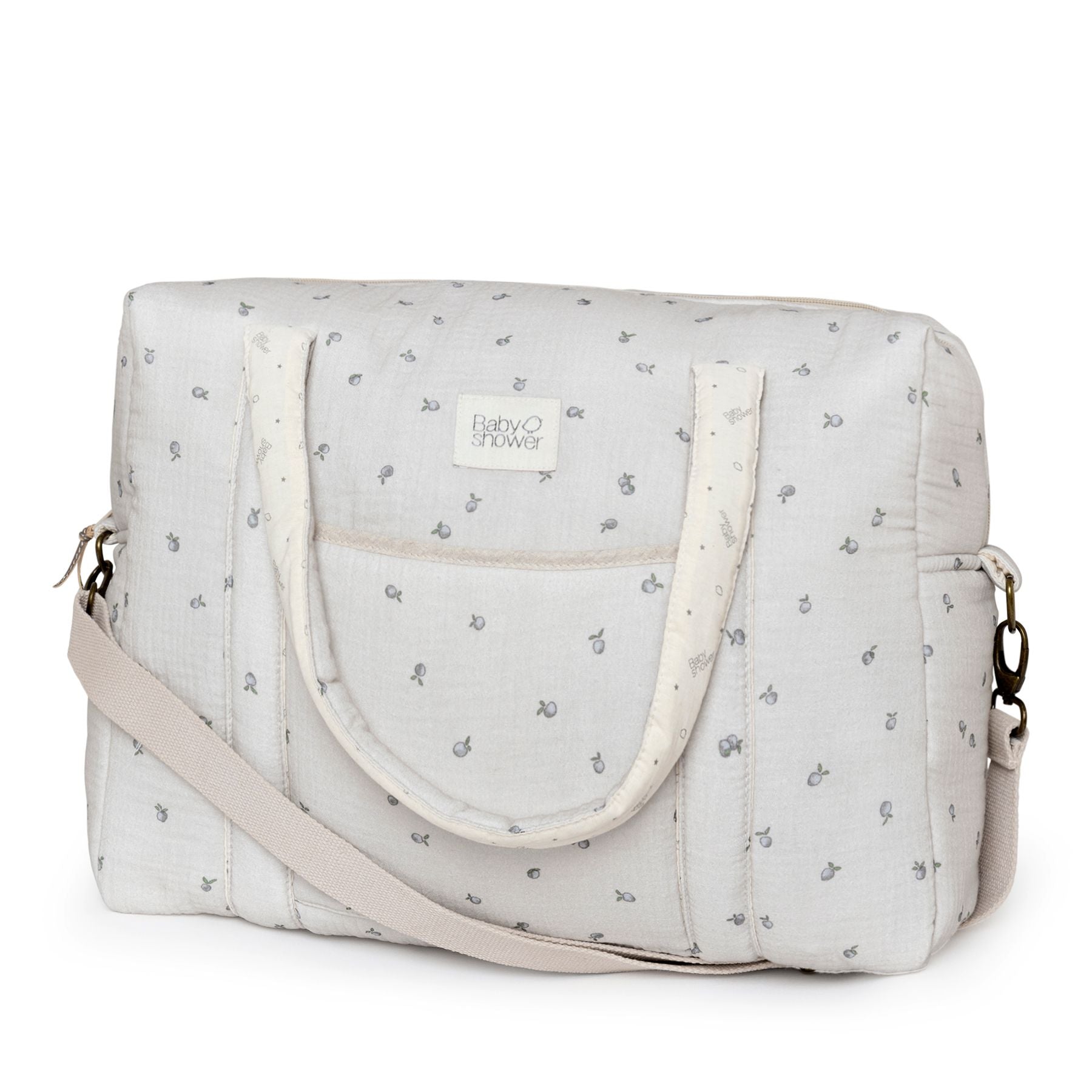 A grey diaper bag with a white strap and letters on it