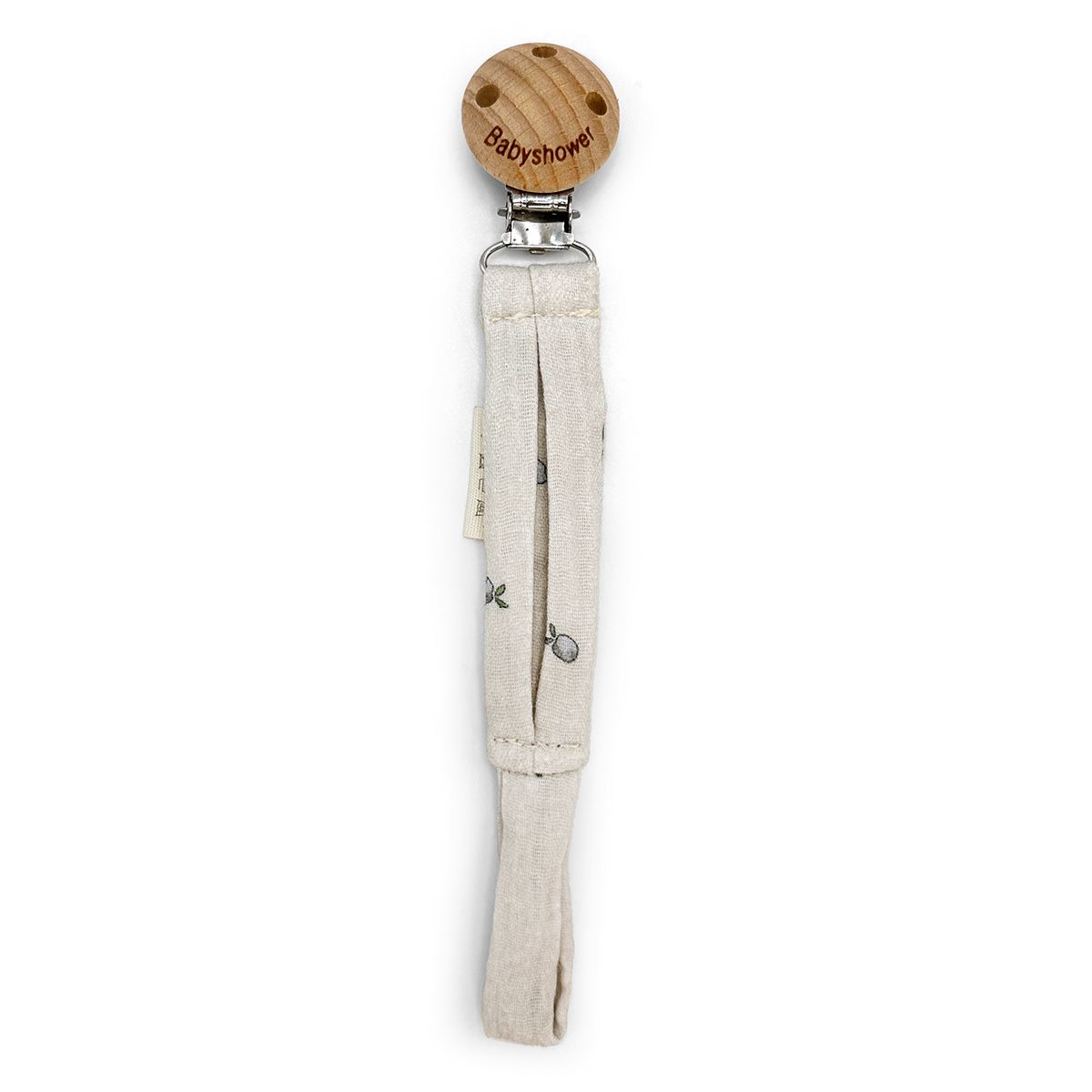 A pacifier clip with a wooden handle on a white background.