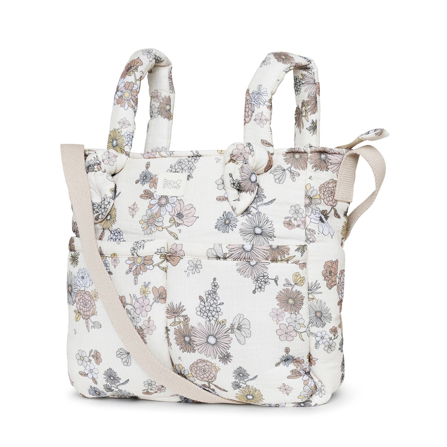 A white tote bag with a floral pattern on it;A light blue diaper bag with a beige strap;A white tote bag with a floral pattern on it;A white tote bag with flowers on it and a white strap