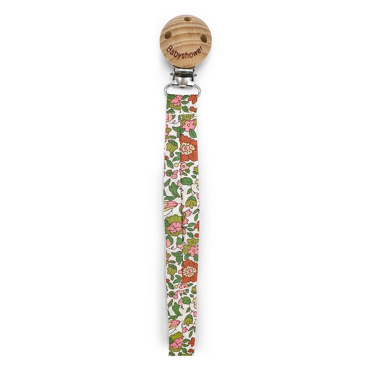 A pacifier clip with a wooden clip and a floral pattern on it.