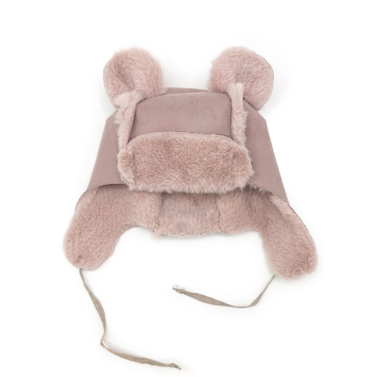 A pink hat with ear flaps and bear ears
