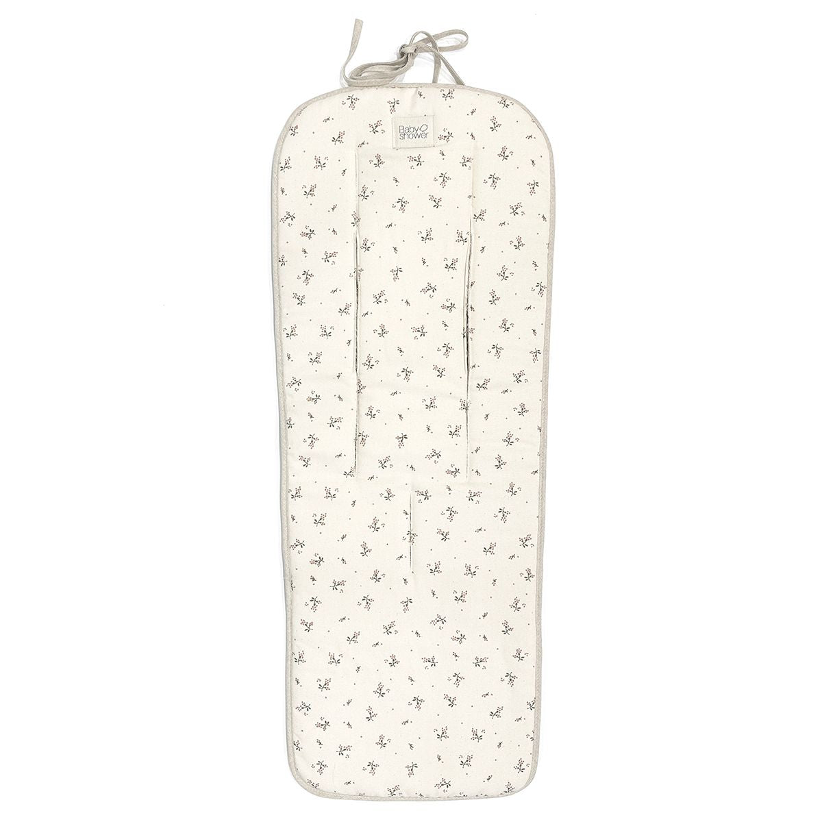 A stroller cushion with a floral pattern on it.;A gray stroller cushion with a bow on it;A pink stroller cushion with a bow on it on a white background.;A white stroller cushion with black dots on it on a white background.;A white stroller cushion with black dots on it;A gray and white stroller cushion with a white border on a white background.;A stroller cushion with a floral pattern on it.;A stroller cushion with a floral pattern on it.;A stroller cushion with a floral pattern on a white background.