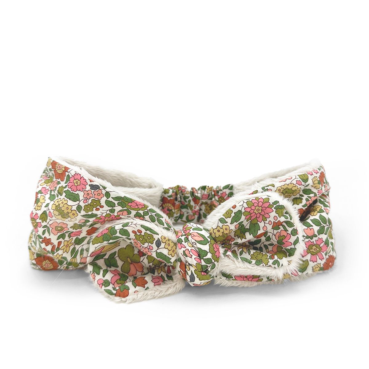 A headband with a floral pattern and a bow on a white background.