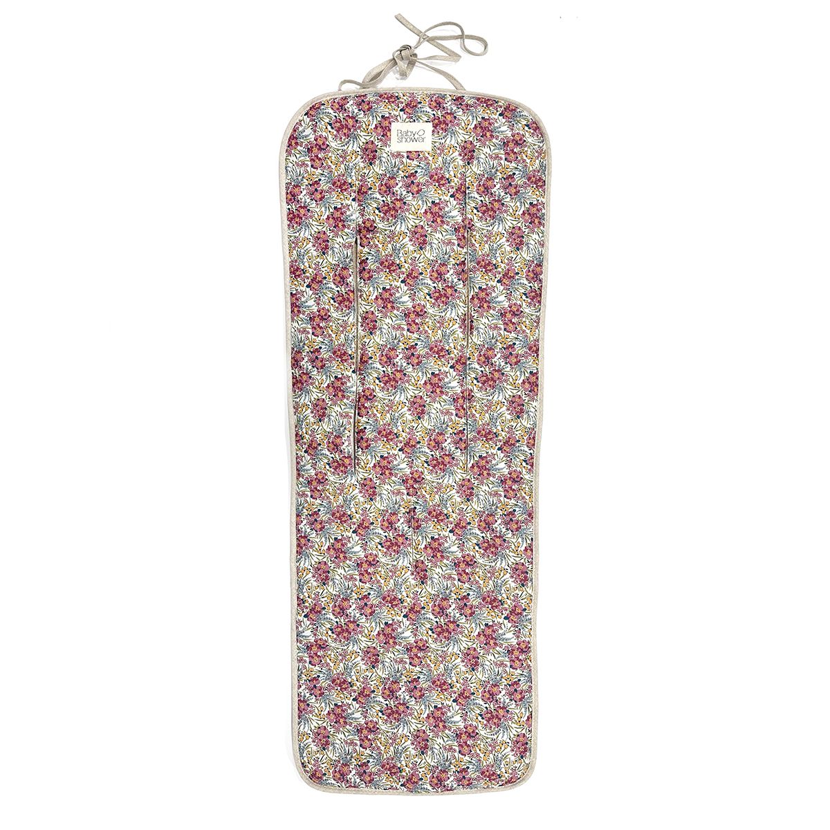 A stroller cushion with a floral pattern on it.;A gray stroller cushion with a bow on it;A pink stroller cushion with a bow on it on a white background.;A white stroller cushion with black dots on it on a white background.;A white stroller cushion with black dots on it;A gray and white stroller cushion with a white border on a white background.;A stroller cushion with a floral pattern on it.;A stroller cushion with a floral pattern on it.;A stroller cushion with a floral pattern on a white background.