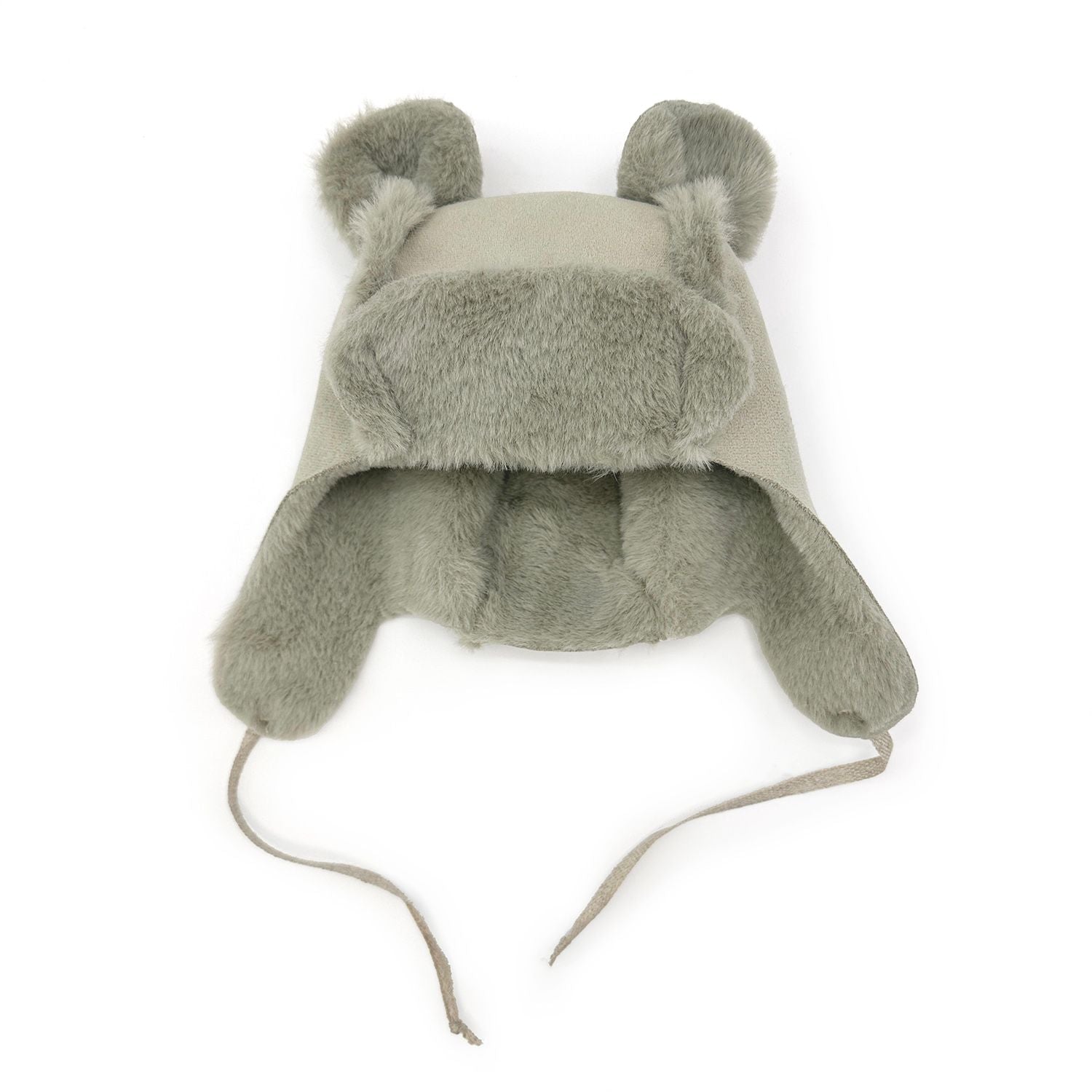A grey furry hat with ears and ear flaps