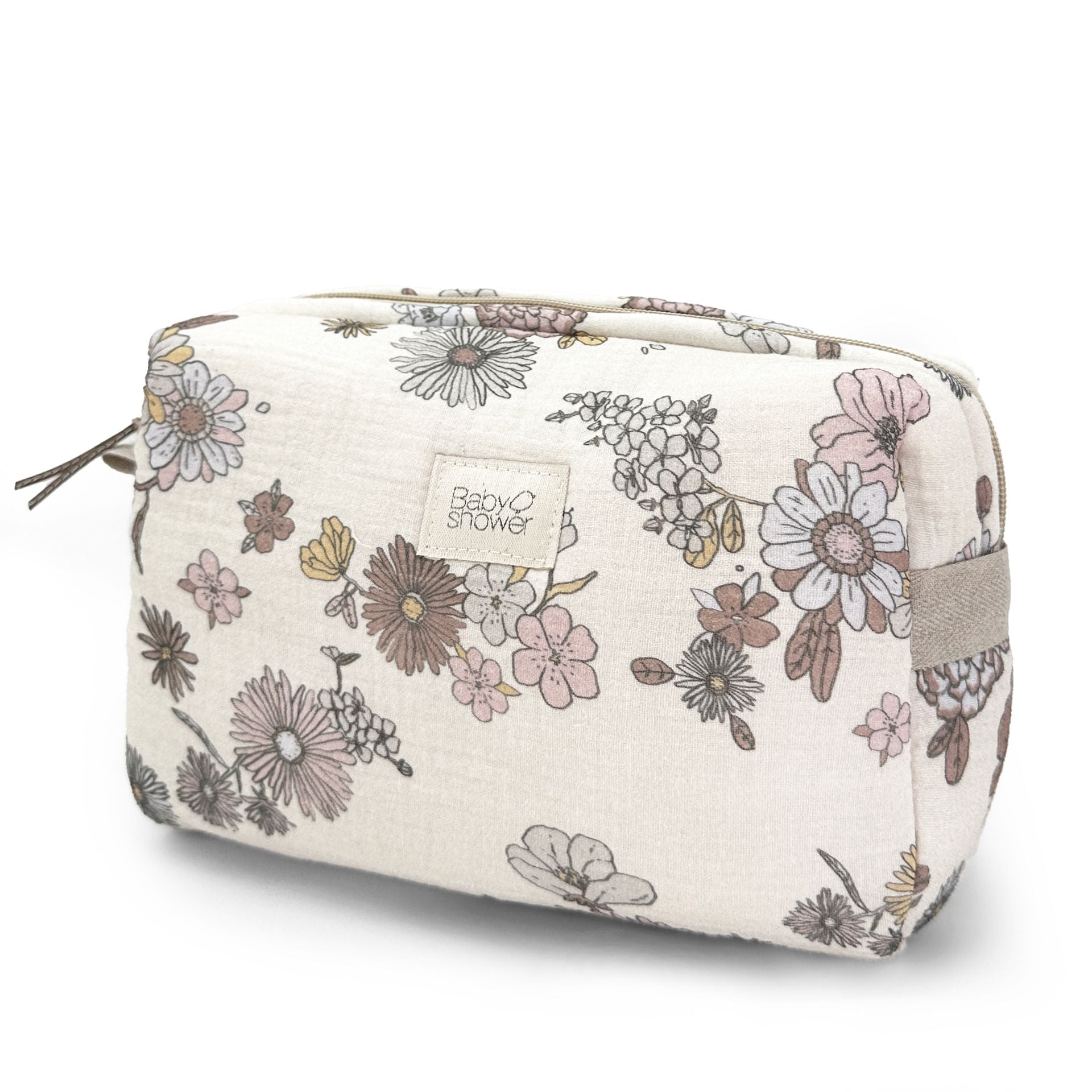 A white cosmetic bag with a zipper on a white background.;A white cosmetic bag with flowers on it;A white cosmetic bag with a floral pattern on it;A white cosmetic bag with a floral pattern on it.;A white cosmetic bag with gold flowers on it;A cosmetic bag with a floral pattern on it is on a white background.;A cosmetic bag with a floral print on it is on a white background.
