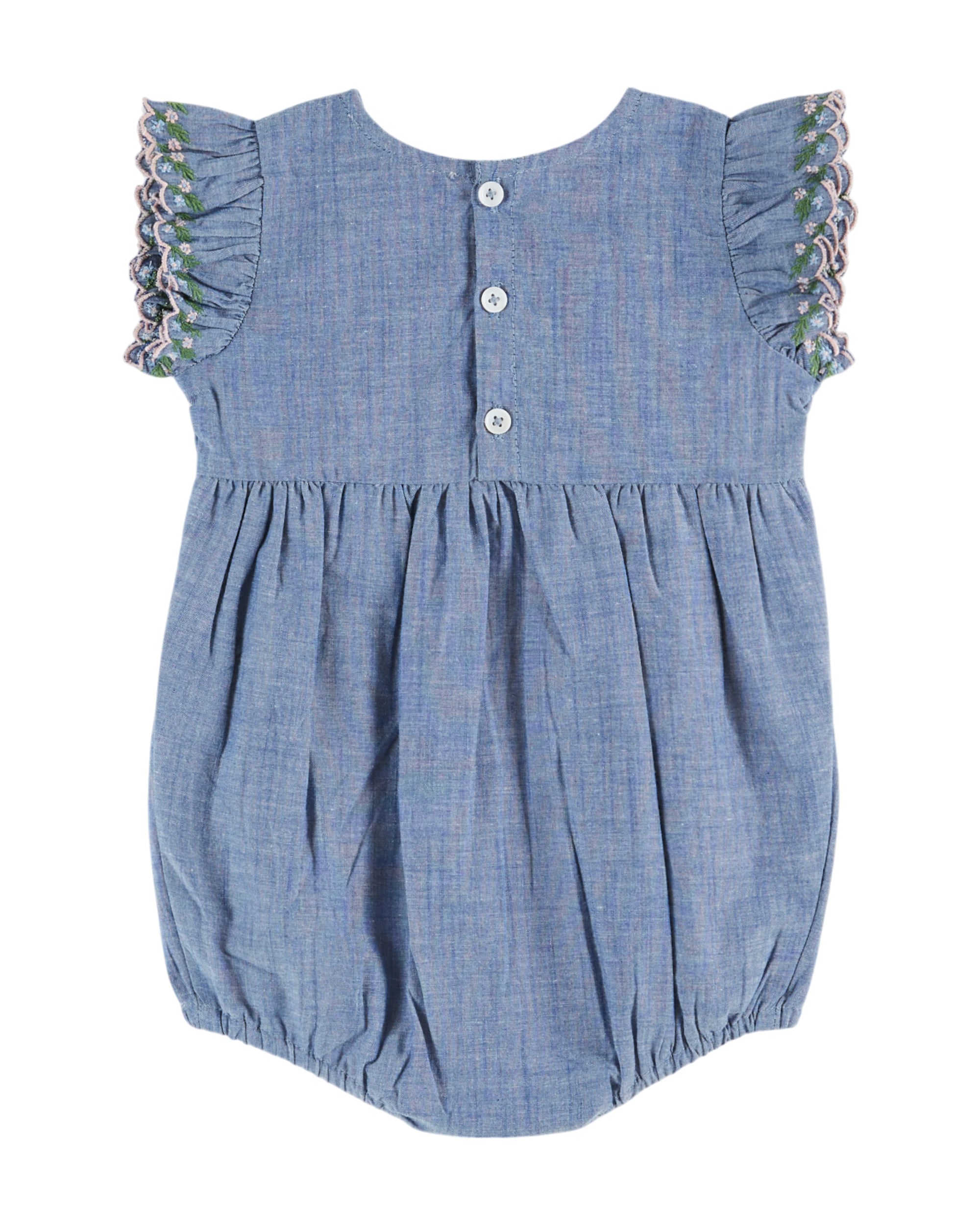CHAMBRAY SMOCKED HAND EMBROIDERED JUMPSUIT