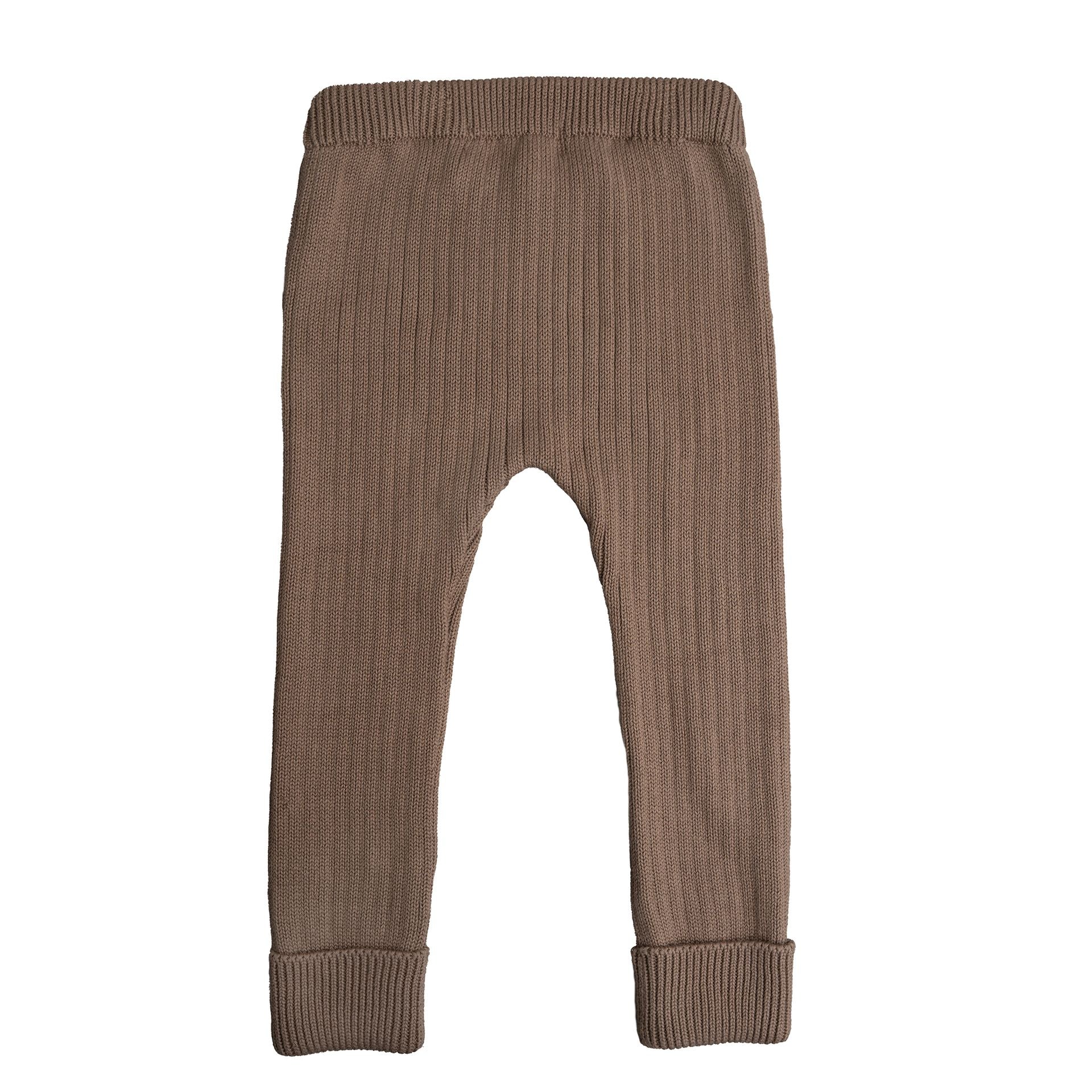A pair of blue knitted pants on a white background.;A pair of blue knitted pants on a white background.;A pair of brown knitted pants on a white background;A pair of brown knitted pants on a white background.