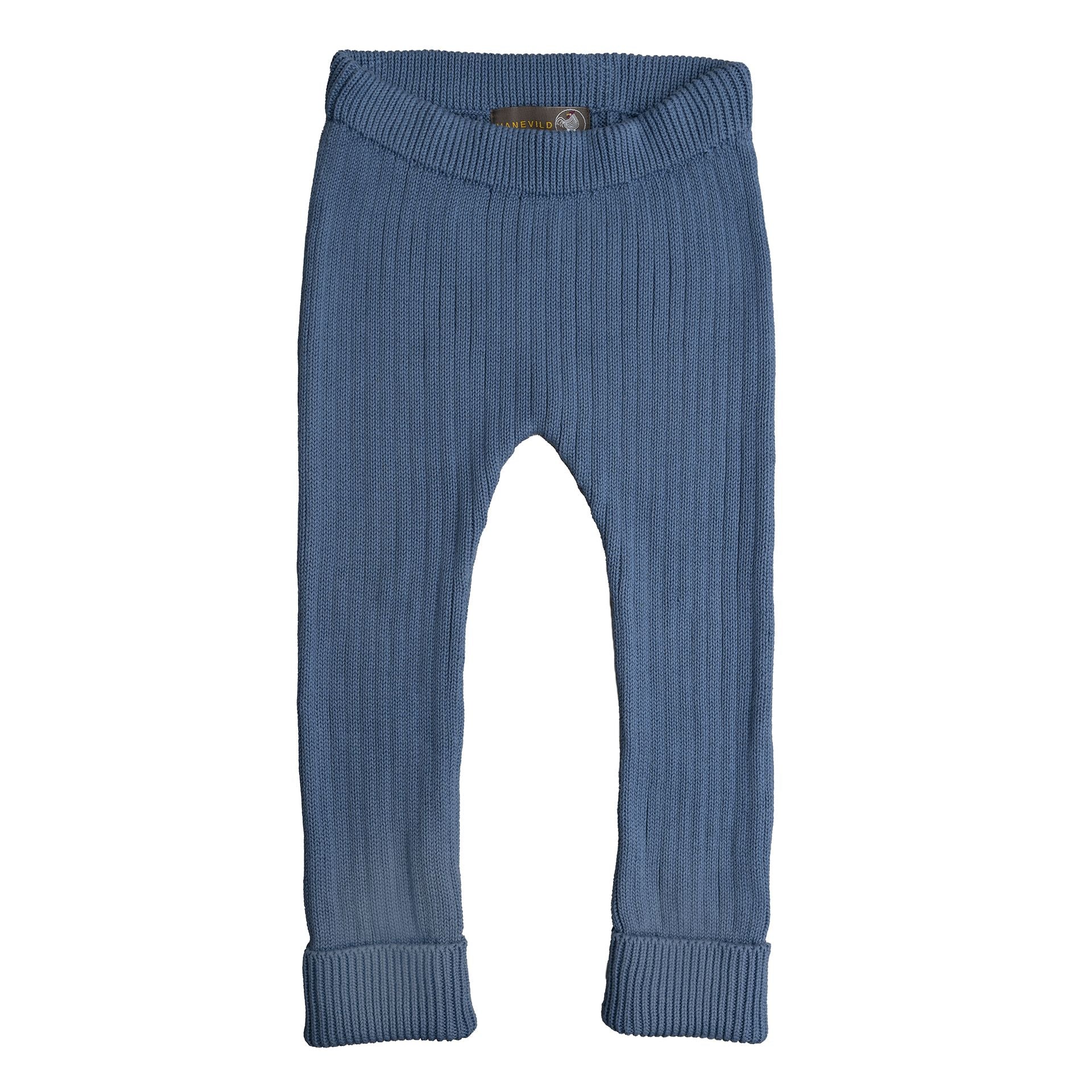 A pair of blue knitted pants on a white background.