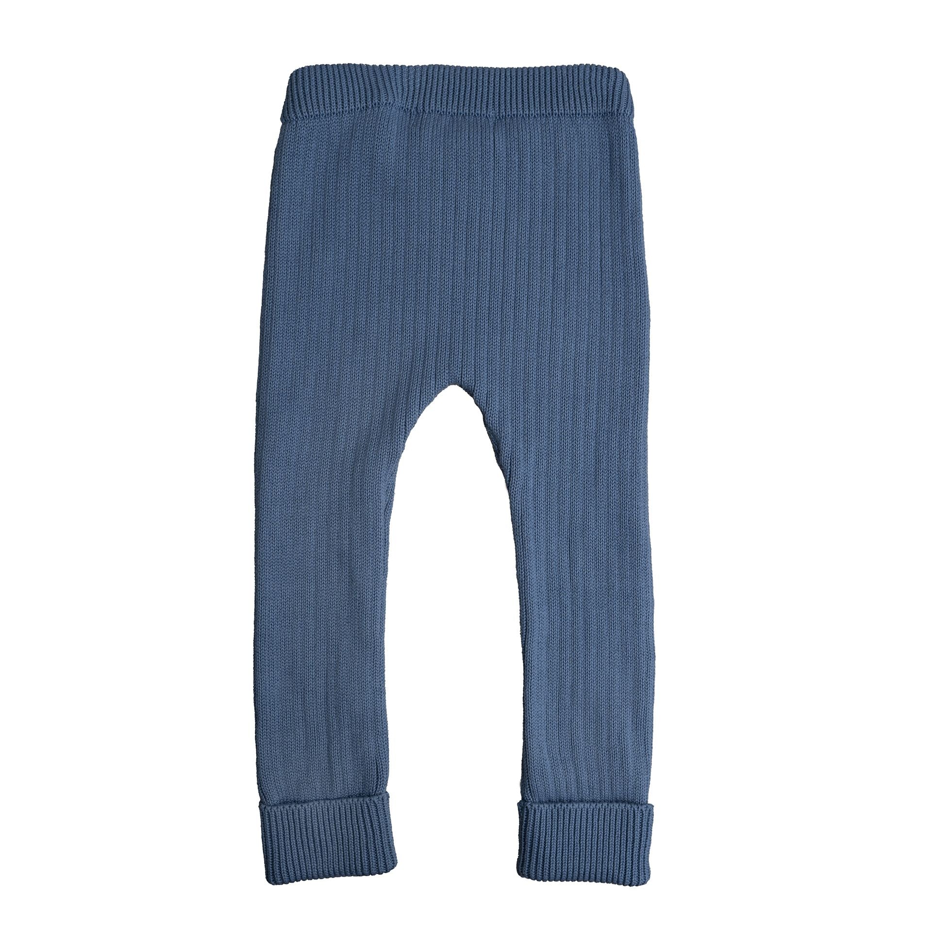 A pair of blue knitted pants on a white background.;A pair of blue knitted pants on a white background.;A pair of brown knitted pants on a white background;A pair of brown knitted pants on a white background.