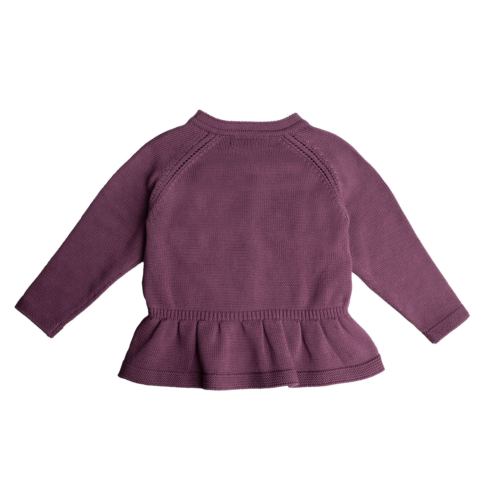 A baby girl is wearing a purple cardigan with flowers embroidered on it.;A purple sweater with ruffles on the bottom is on a white background.;A close up of a purple sweater with a flower embroidered on it.;A close up of a purple sweater with yellow flowers embroidered on it.