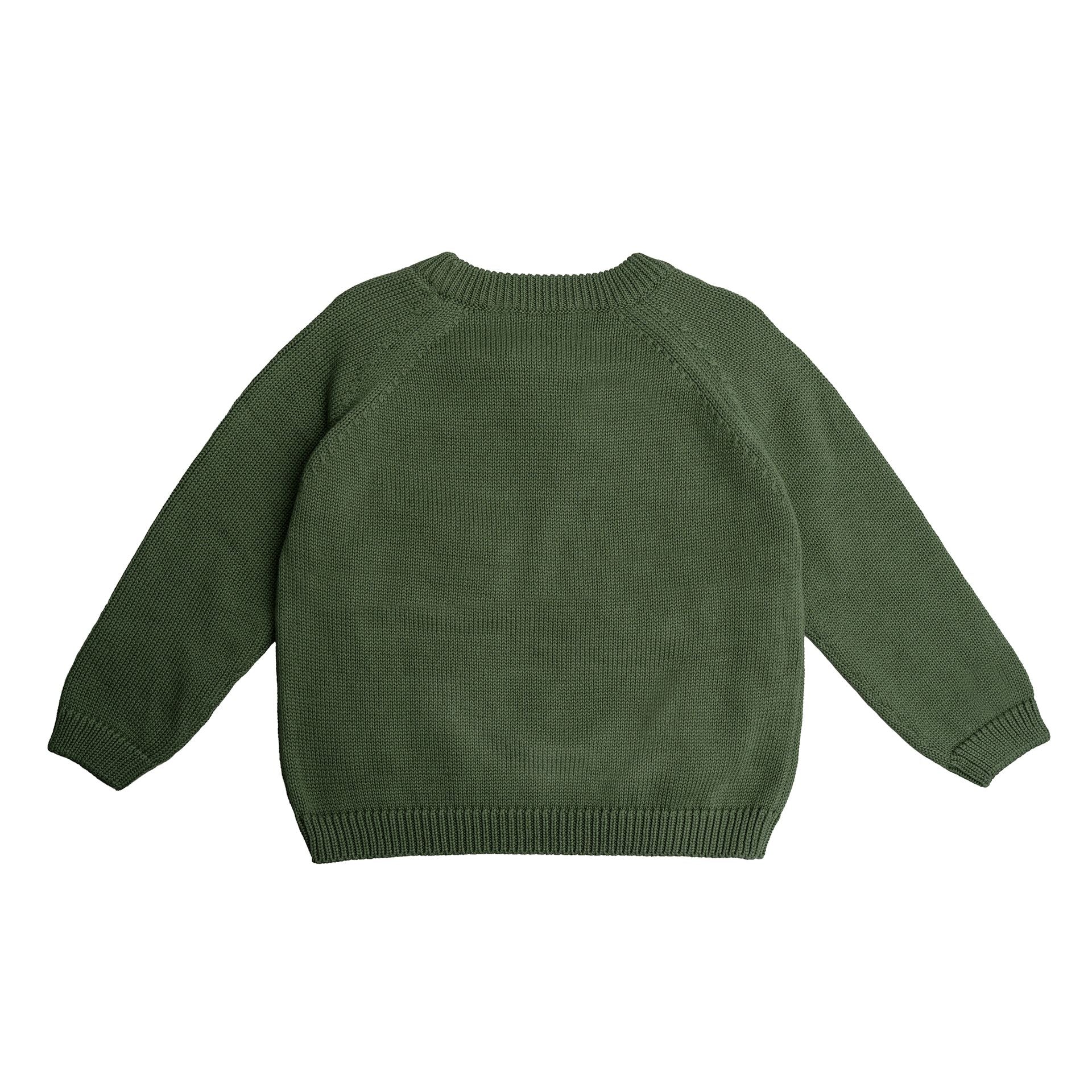 A young boy wearing a green sweater and blue pants is standing in front of a brick wall.;A green sweater with gold bees embroidered on it;A green sweater with long sleeves on a white background;A close up of a green sweater with bees embroidered on it.
