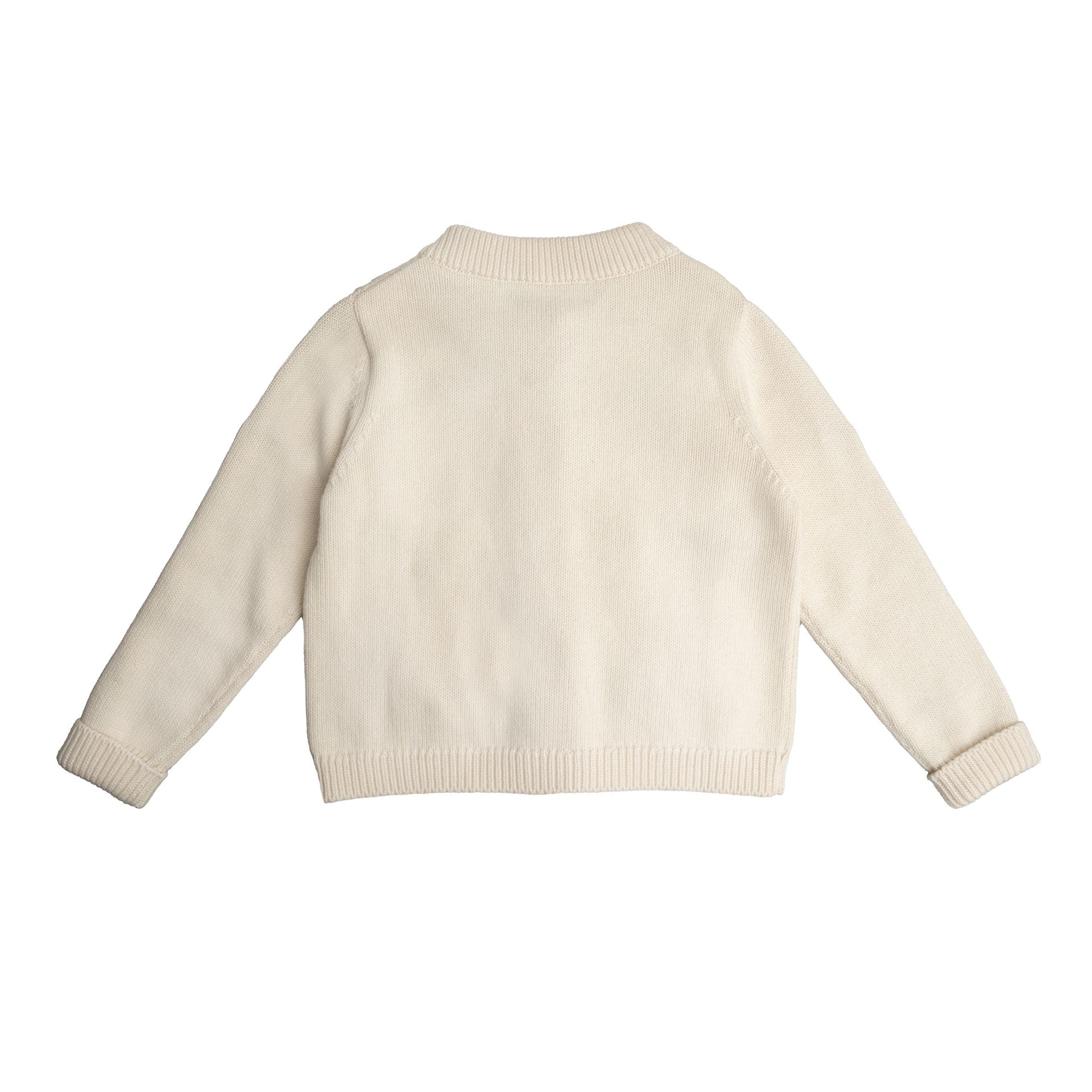 A young boy is sitting on a chair wearing a white sweater.;A white cardigan with squirrels embroidered on it;The back of a white sweater with long sleeves on a white background.;A close up of a sweater with a sheep embroidered on it.