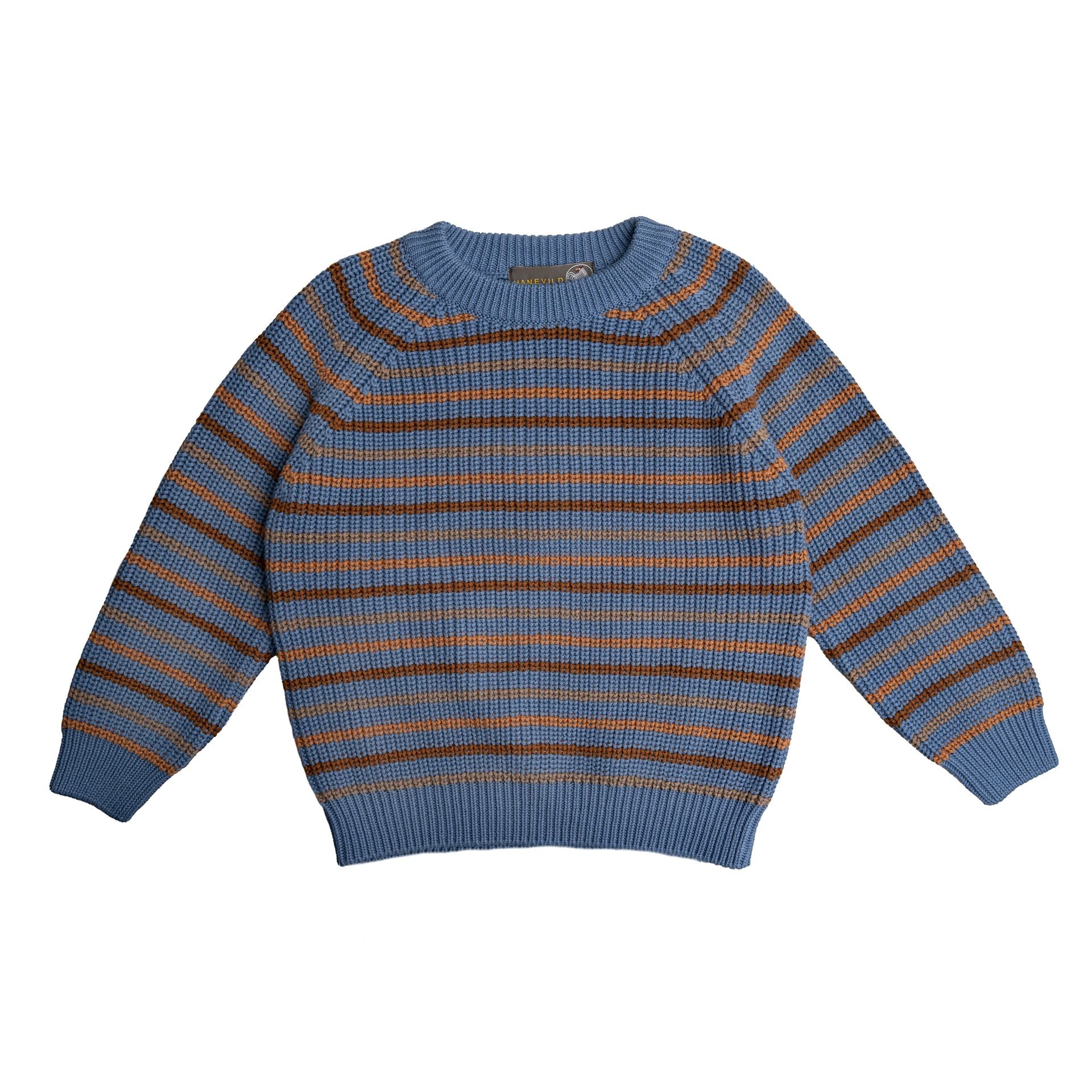 A little girl wearing a striped sweater and a brown hat is standing in the snow.;A blue and brown striped sweater with long sleeves on a white background.;A blue and orange striped sweater with long sleeves on a white background.